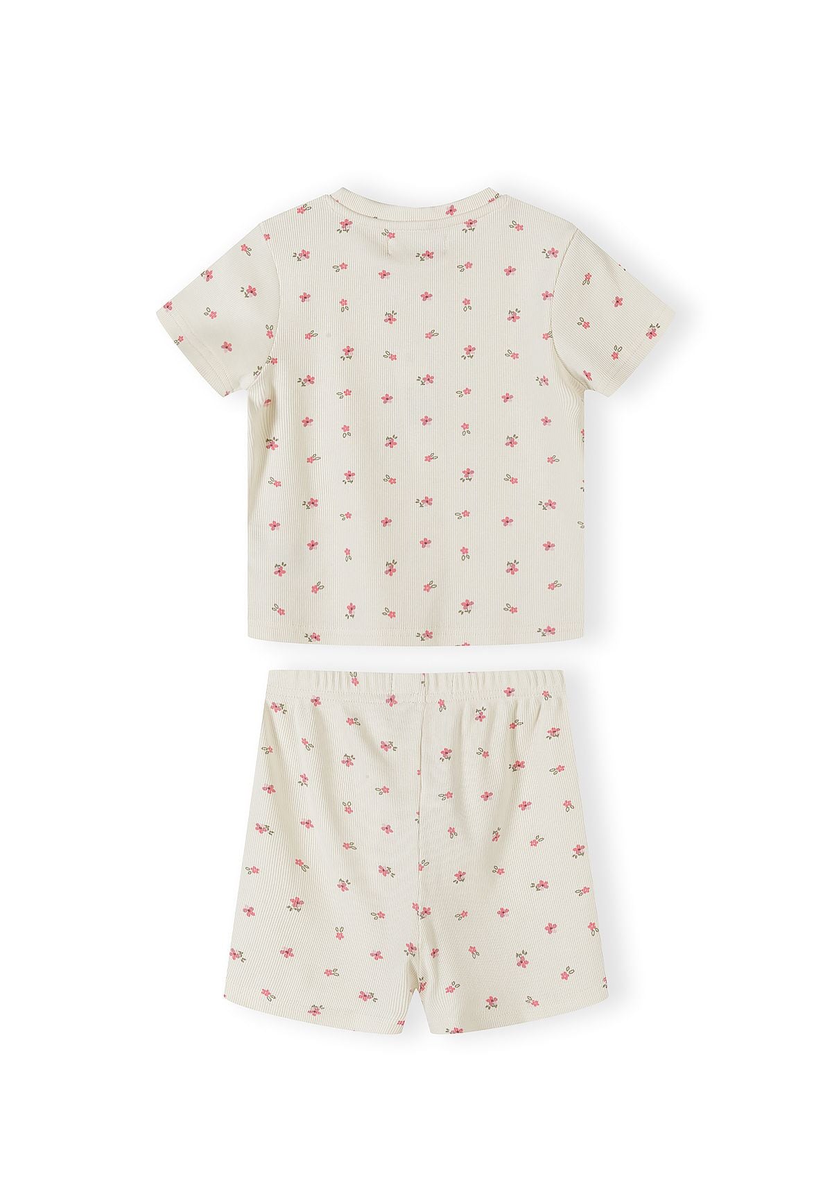 Detail view of pink ribbed fabric texture showing delicate floral print pattern and elastic waistband