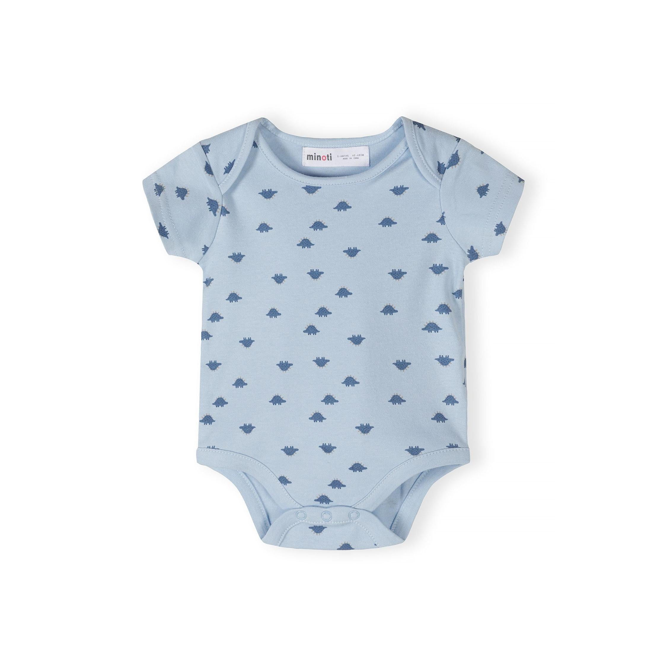 Single striped bodysuit in navy and white horizontal stripes laid flat on white background showing Minoti label at neckline