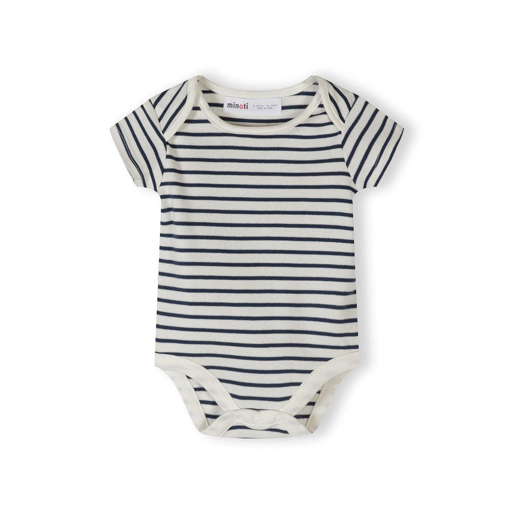 Single cream coloured bodysuit with colourful dinosaur print featuring blue dinosaurs with red spikes and playful text on white background