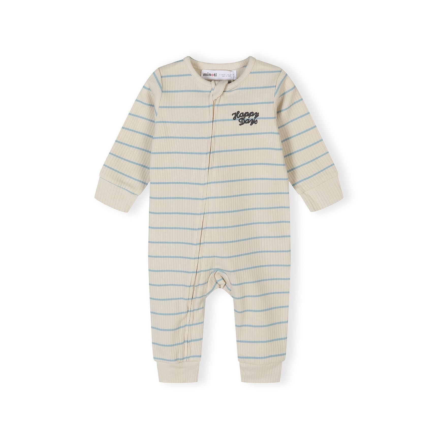 Single grey sleepsuit with black lion print pattern displayed flat on white background, showing Minoti label at neckline
