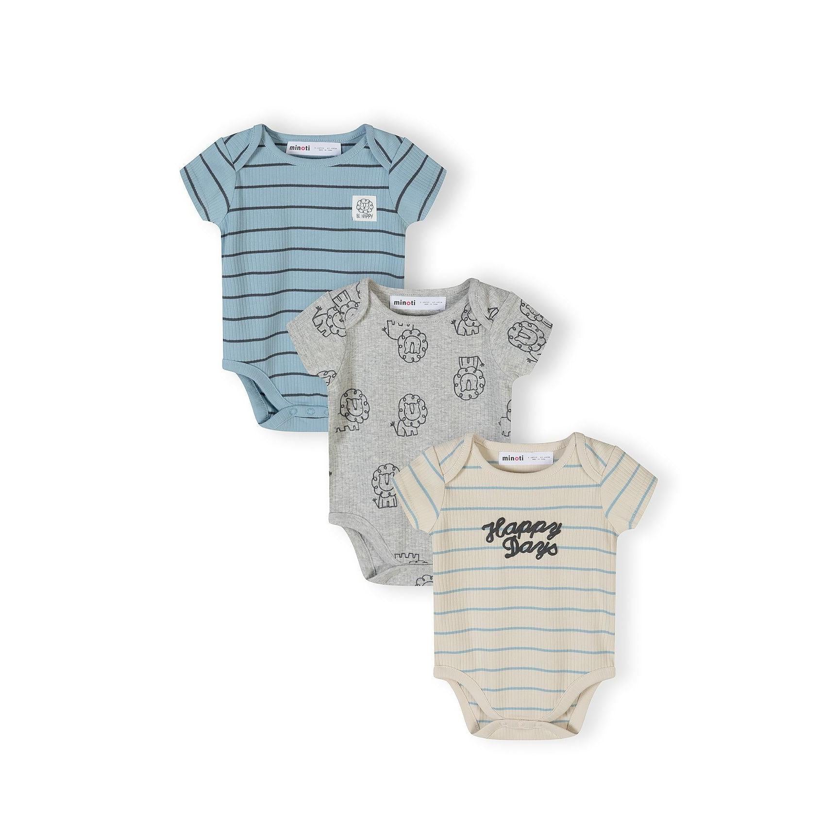 Three ribbed cotton bodysuits displayed on white background - blue striped, grey with lion prints, and cream striped with Happy Days text