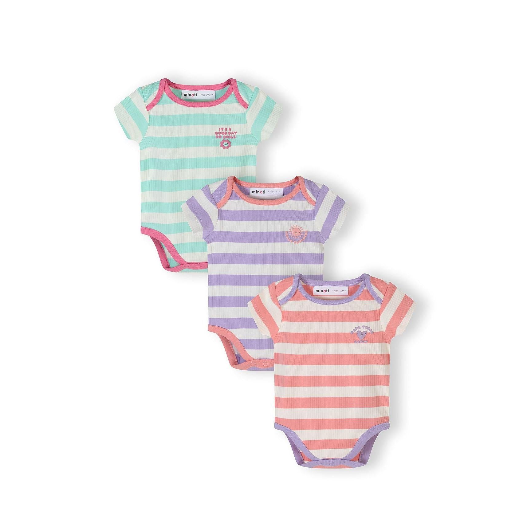 Three striped baby bodysuits arranged vertically - mint green with coral trim, purple with white stripes, and coral with white stripes, all featuring heart motifs