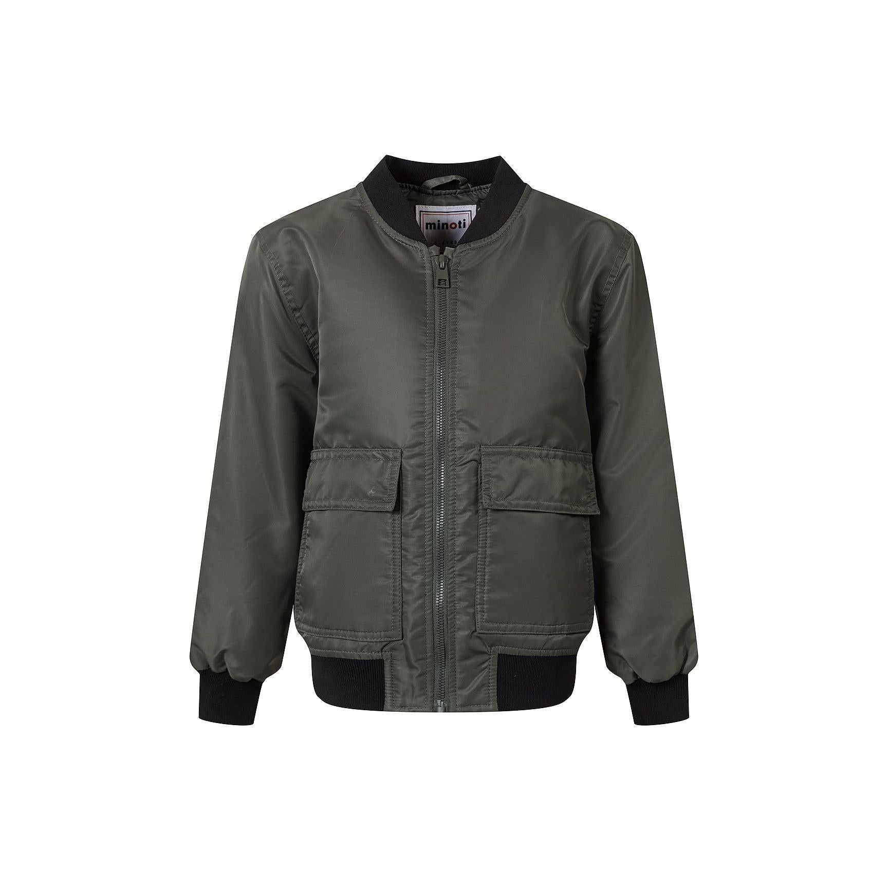 Khaki bomber jacket with ribbed black collar and cuffs, front zip closure and chest pockets, displayed on white background