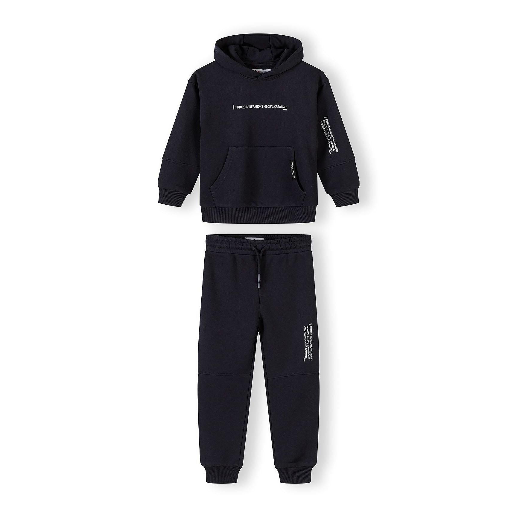 Black hooded tracksuit set displayed flat on white background showing both hooded sweatshirt and matching joggers with text detailing