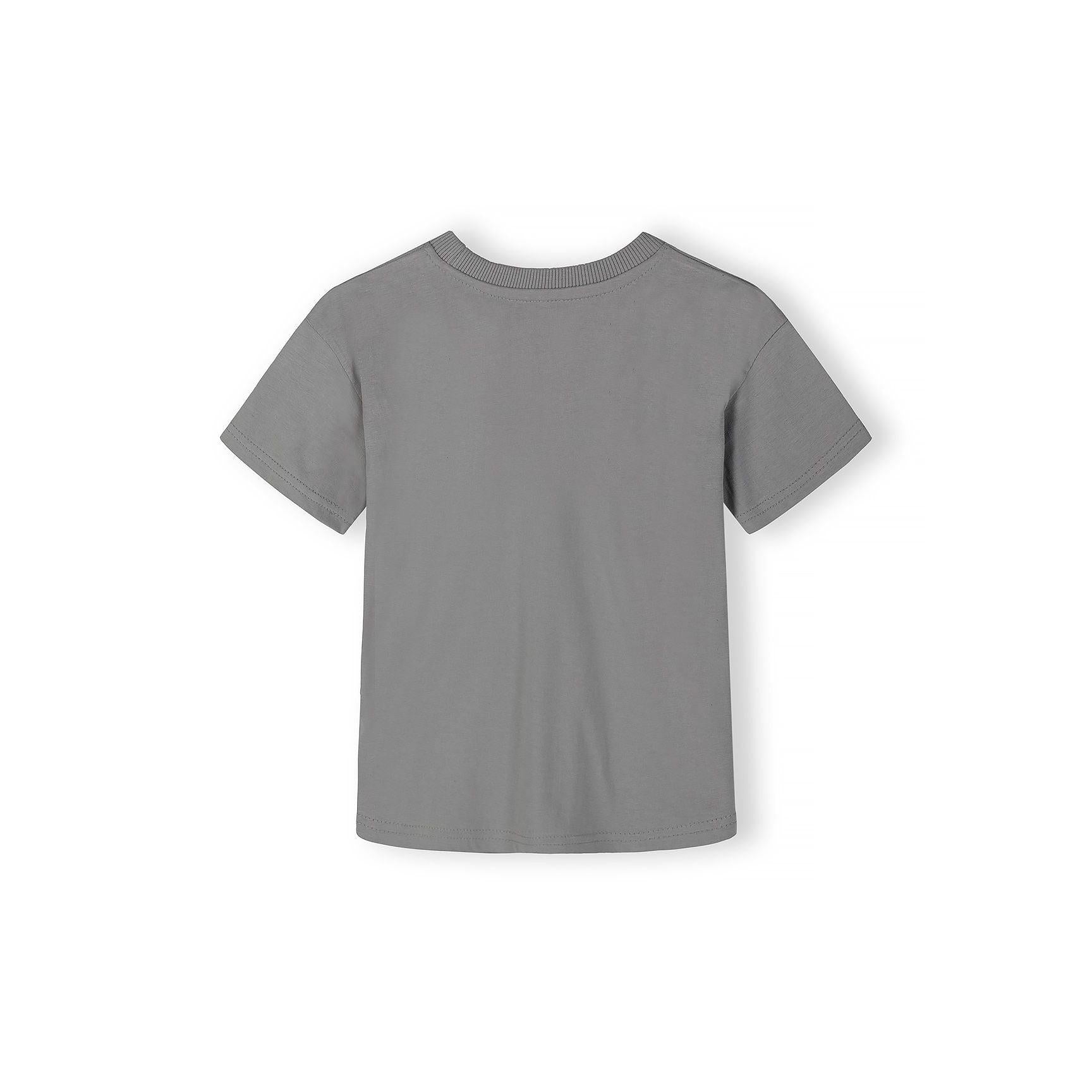 Back view of grey cotton t-shirt with ribbed crew neckline showing clean minimal design on white background