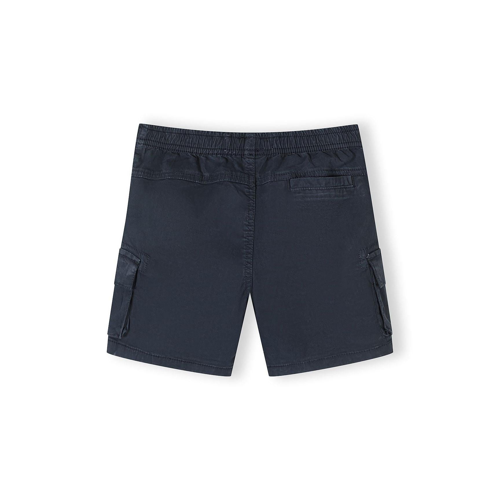 Single grey cargo shorts displayed flat showing detailed view of cargo pockets, drawstring waist and overall construction