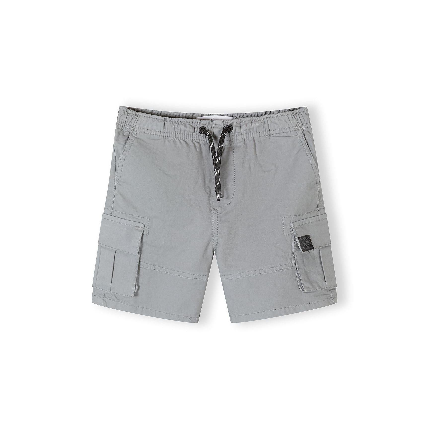 Single grey cargo shorts displayed flat showing detailed view of cargo pockets, drawstring waist and overall construction