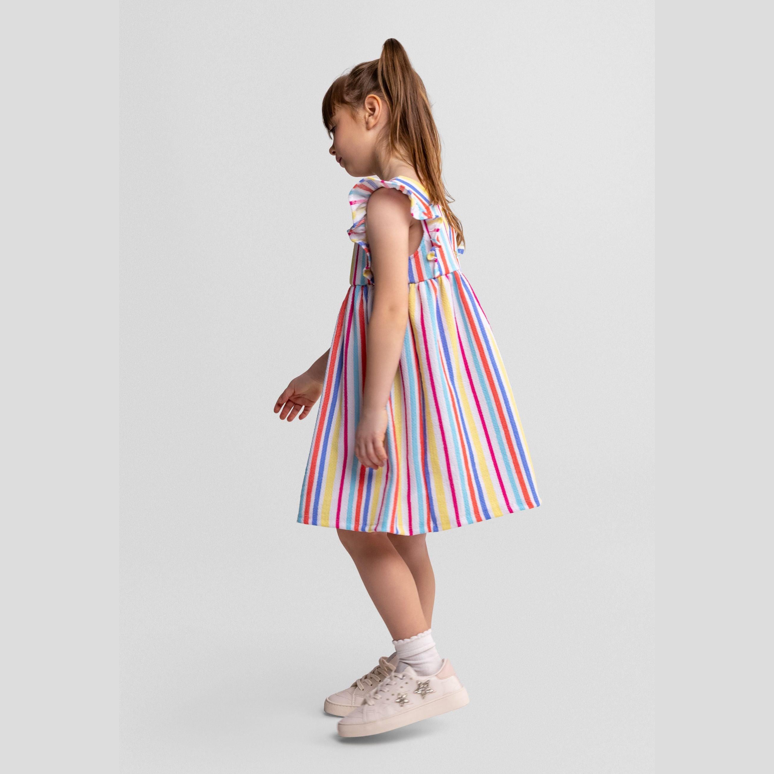 Flat lay of multicolour striped sleeveless dress showing flutter sleeve details and full silhouette against white background