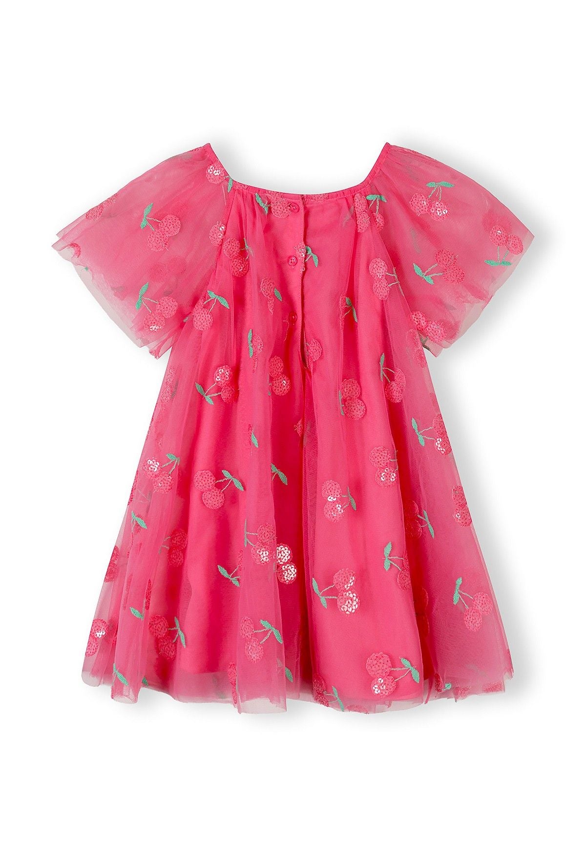 Pink tulle dress laid flat showing layered construction, angel sleeves, and sequin cherry embellishment pattern on white background