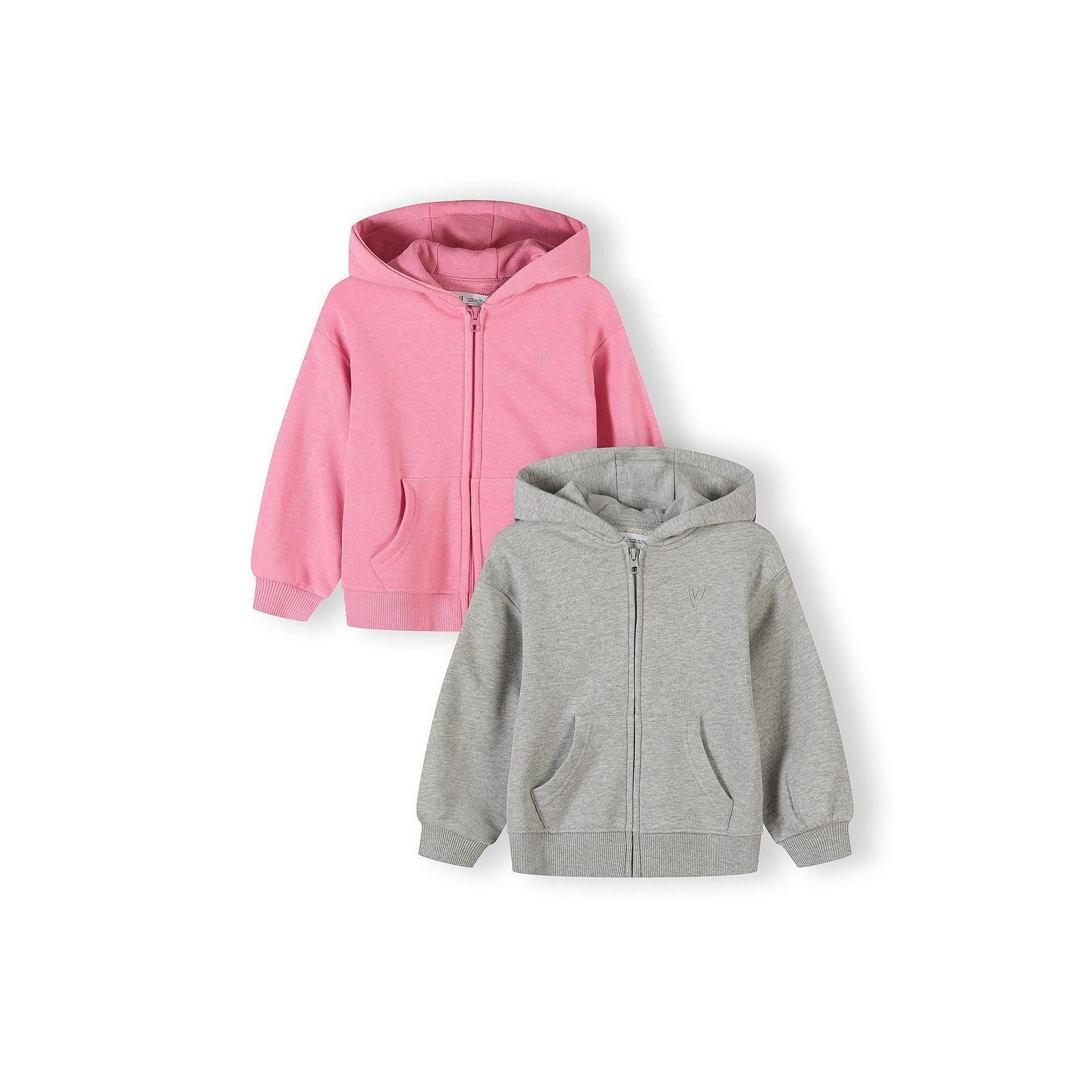 Pink and grey zip-up hoodies displayed on white background, showing front view with kangaroo pockets and ribbed cuffs