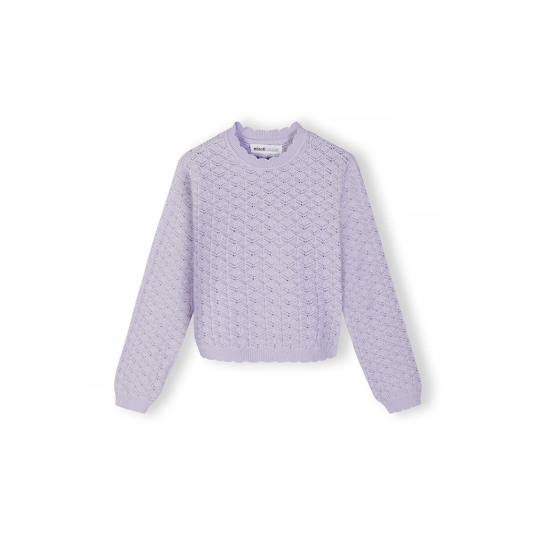 Flat lay of lilac knitted jumper showing diamond pointelle pattern texture and crew neck design on white background