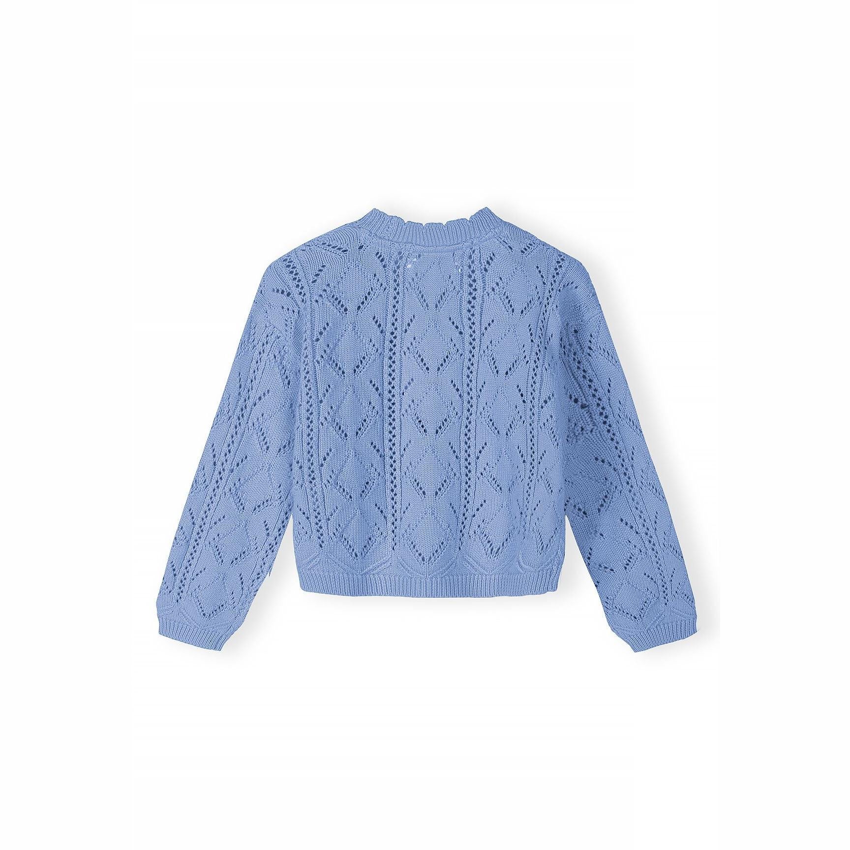 Back view of light blue pointelle cardigan showing intricate openwork knit pattern across entire back panel, laid flat on white background