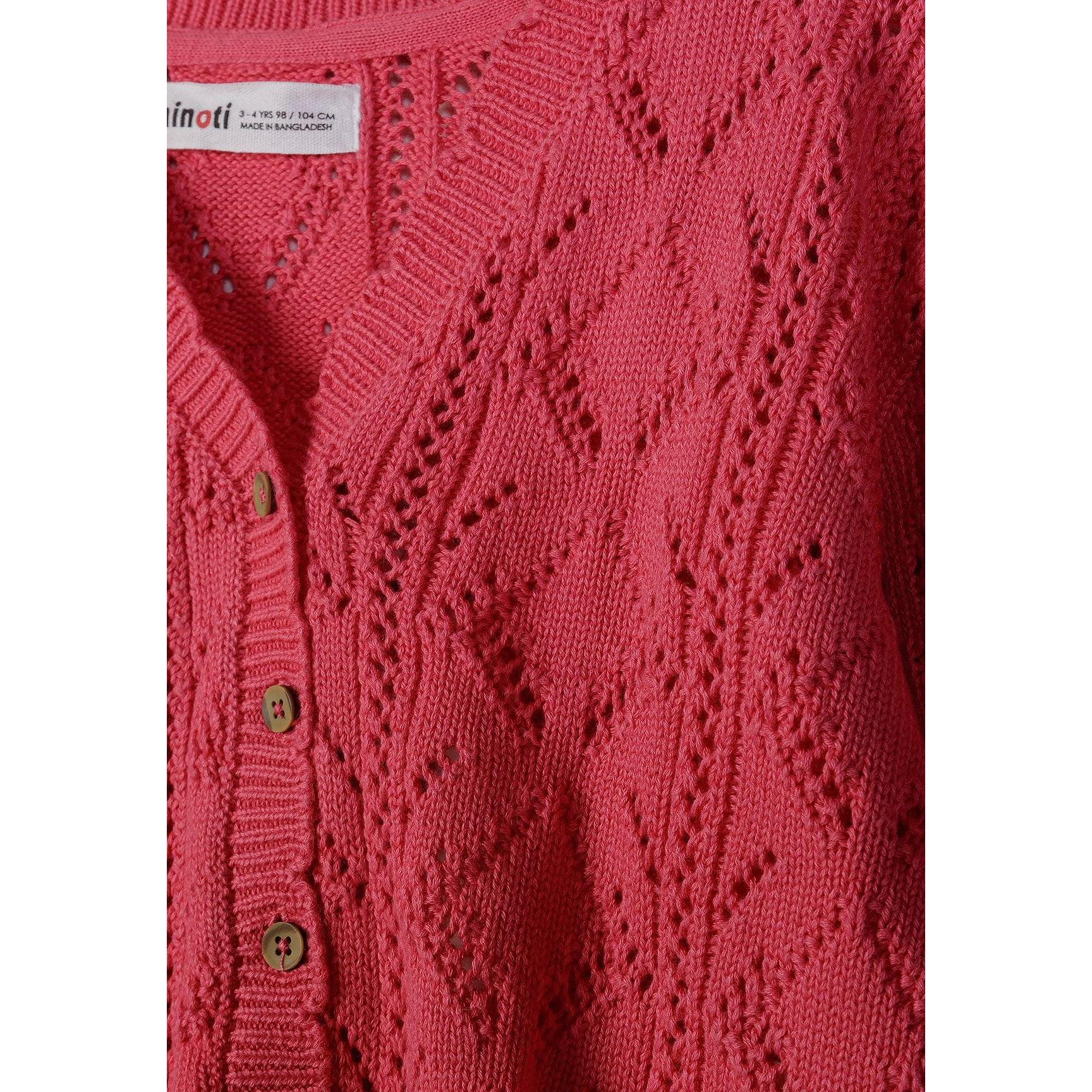 Close-up detail of pink pointelle cardigan showing intricate openwork pattern, button placket and Minoti label