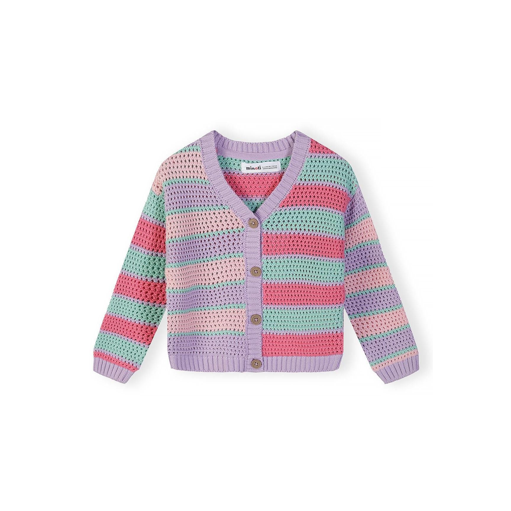 Back view of striped knit cardigan showing lilac, pink and mint horizontal stripes on white background