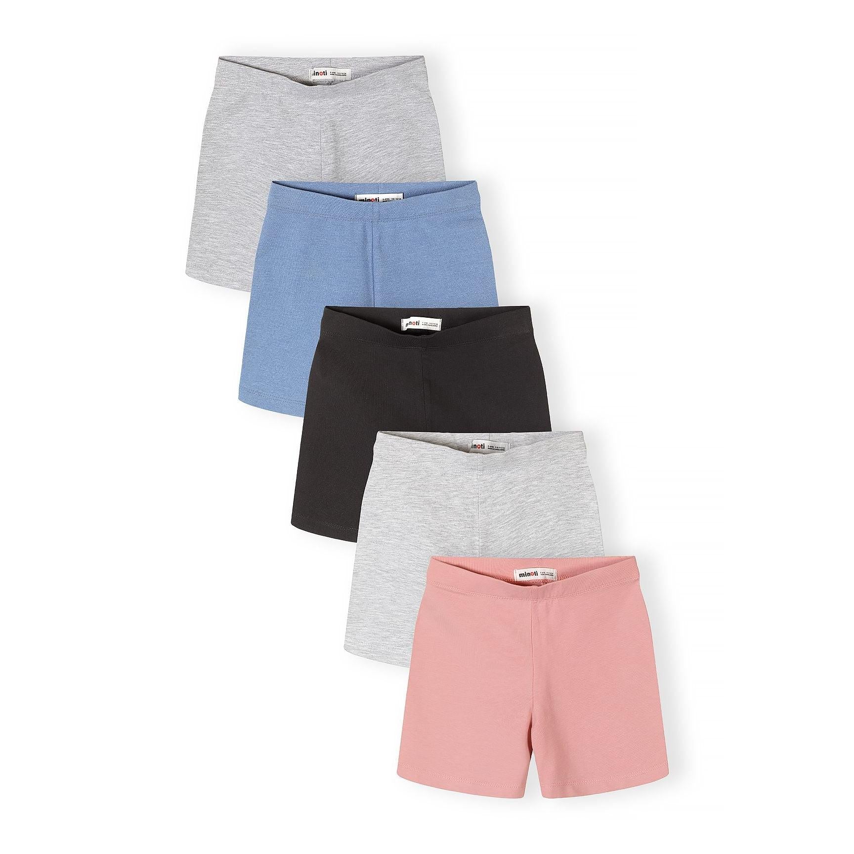 Five cycling shorts fanned out showing grey melange, blue, black, light grey and pink colours with Minoti labels visible on white background