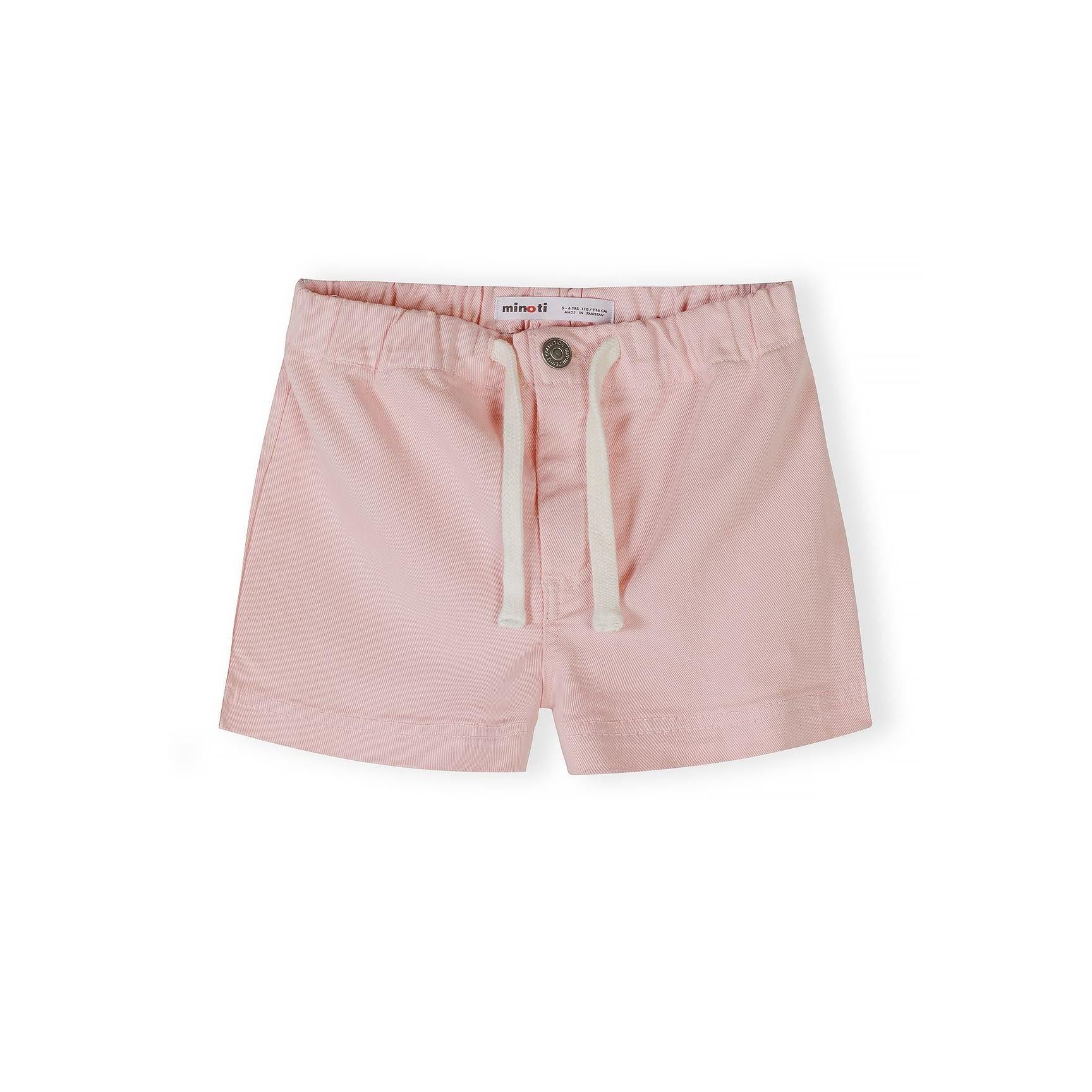 Close-up view of pink twill shorts showing Minoti brand label, white drawstring ties, and button fastening detail on white background