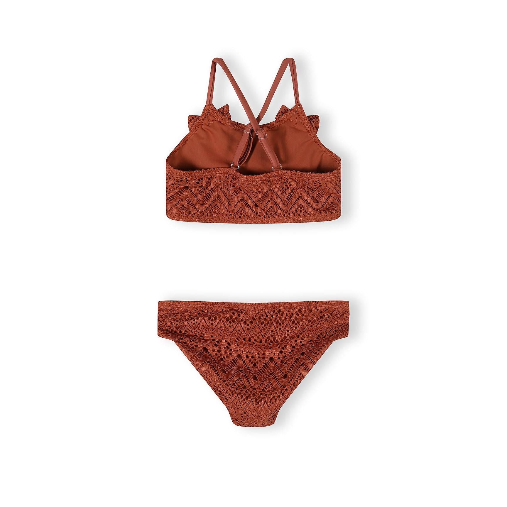 Back view of copper crochet bikini top showing crossed adjustable straps and solid inner lining with decorative crochet exterior pattern