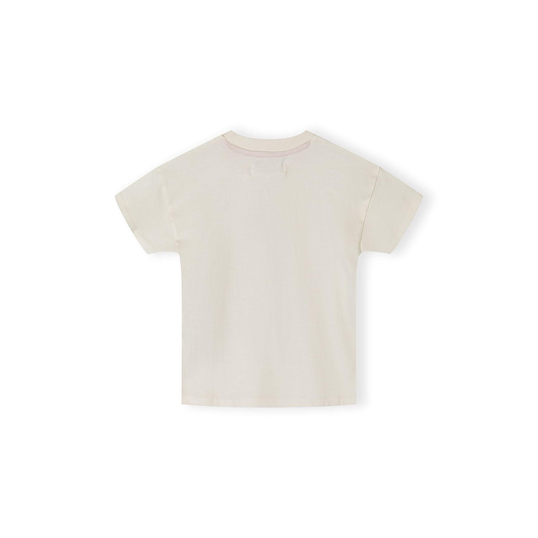 Back view of cream cotton t-shirt laid flat showing plain design and coral neck trim detail