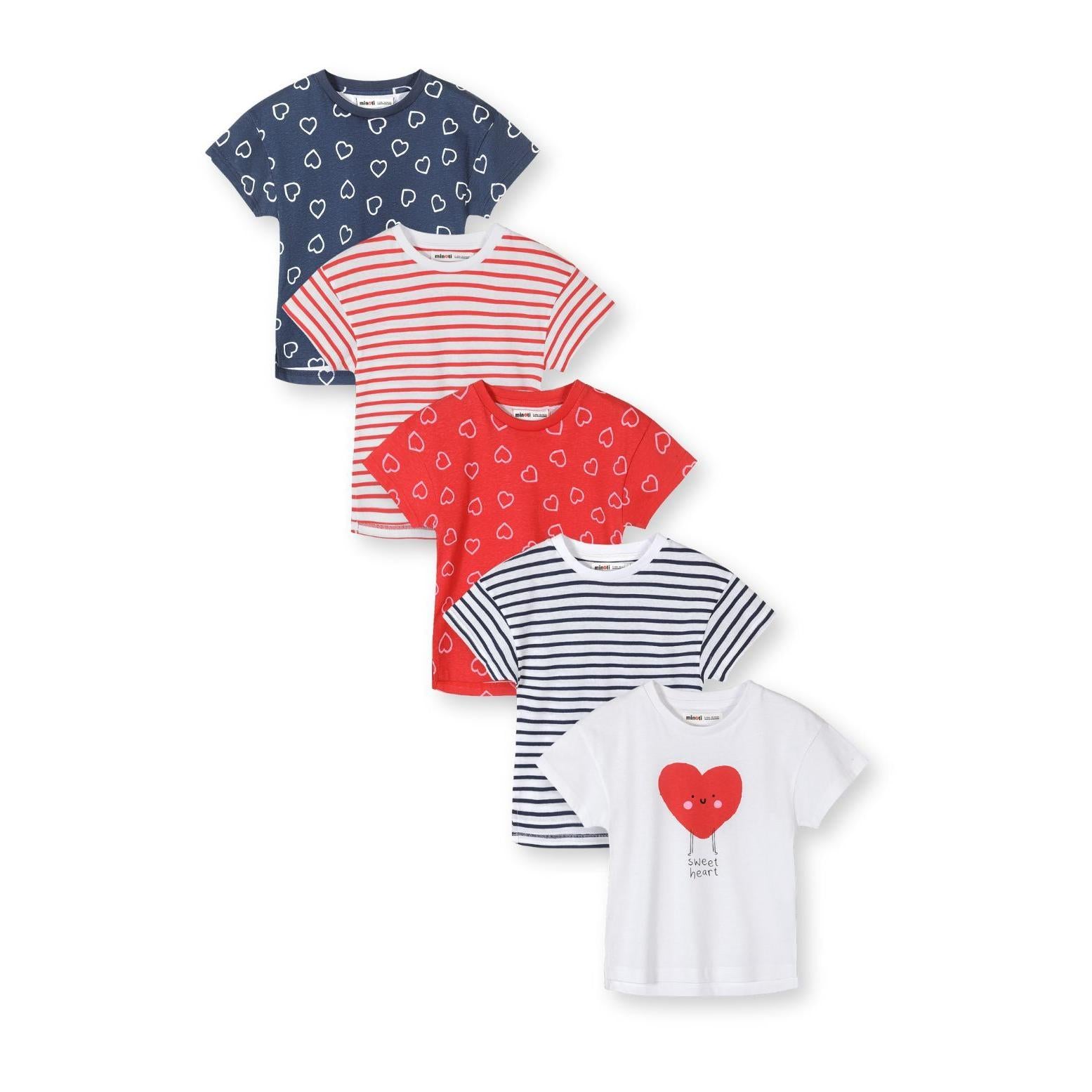 Five cotton t-shirts arranged in a fan layout showing different designs - navy with white hearts, red and white stripes, coral with white hearts, navy and white stripes, and white with red heart balloon print