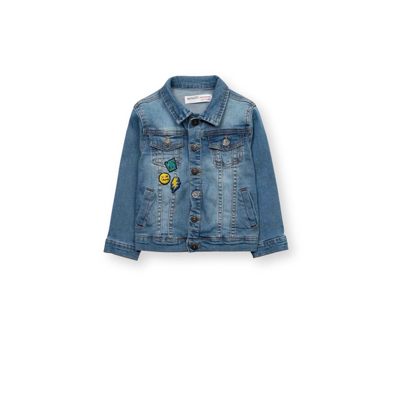 Light blue denim jacket front view on white background showing button closure, chest pockets and embroidered badge details
