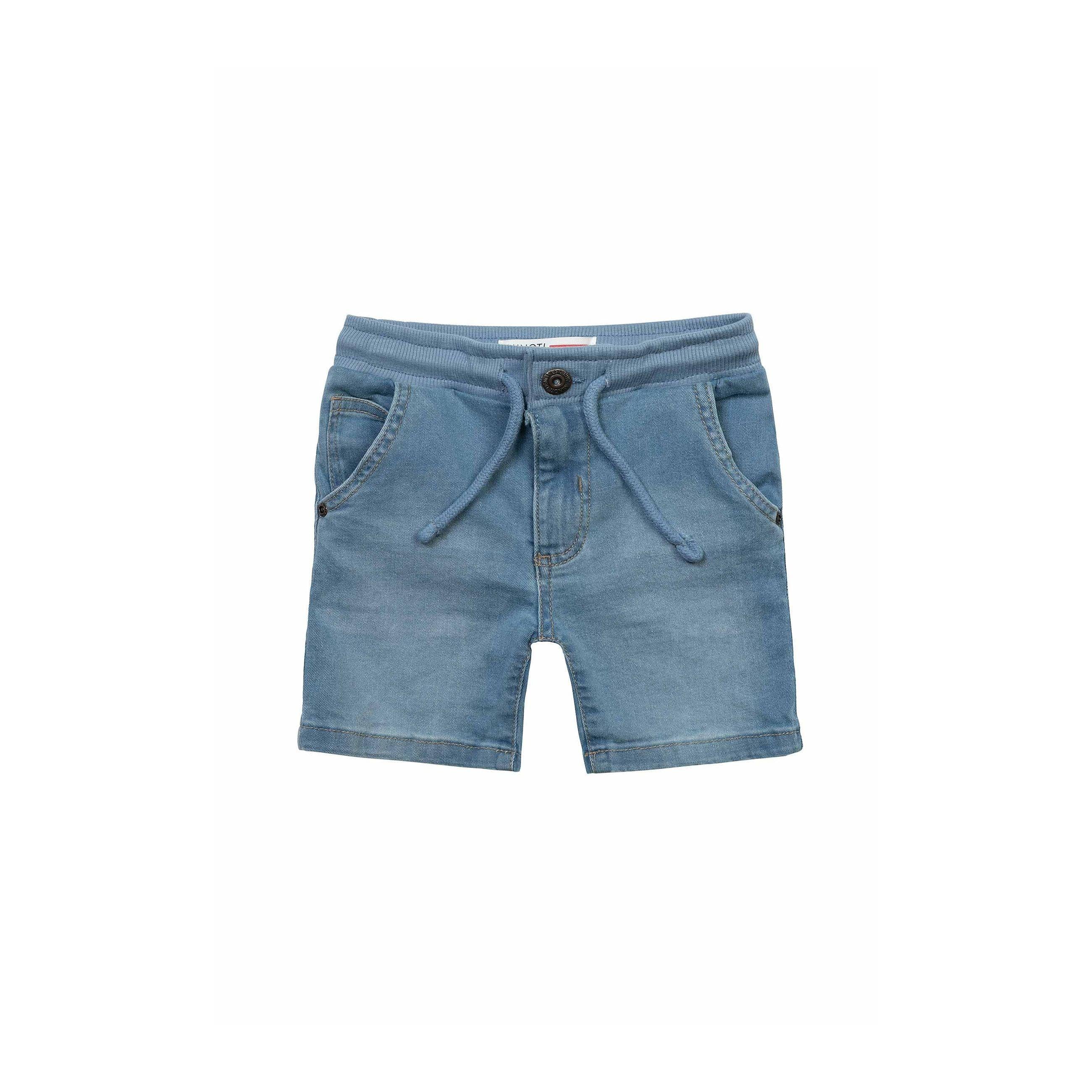Light blue denim shorts with adjustable drawstring waist and classic five-pocket styling displayed flat against white background, front view showing button closure and rolled hem