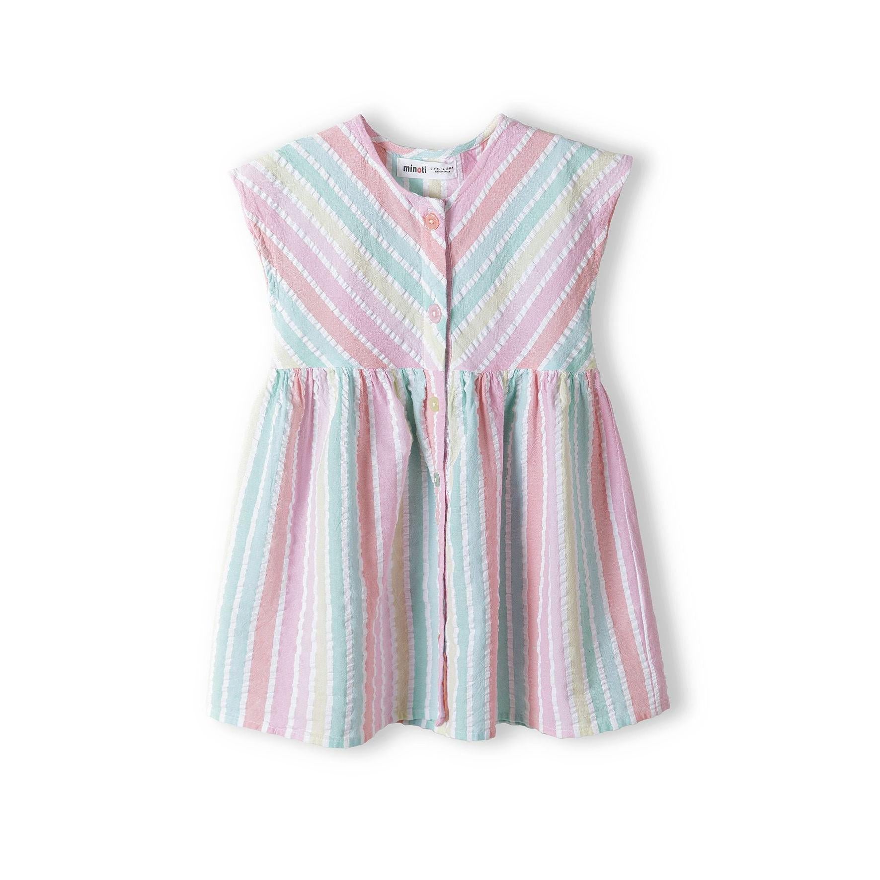 Flat lay of striped cotton dress showing multicoloured vertical stripes and cap sleeve construction against white background