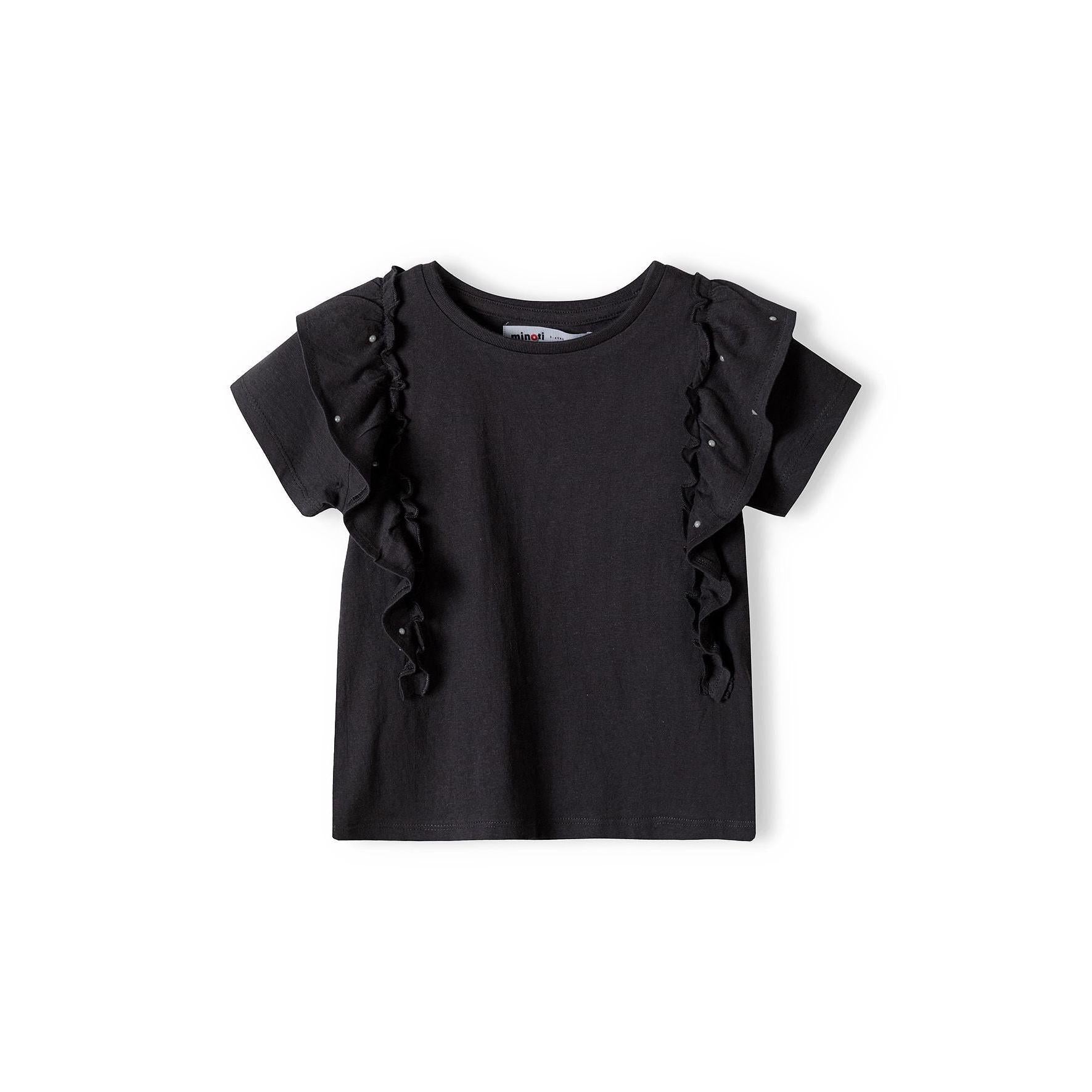 Black jersey top with ruffle pearl trim detail displayed flat on white background showing front view