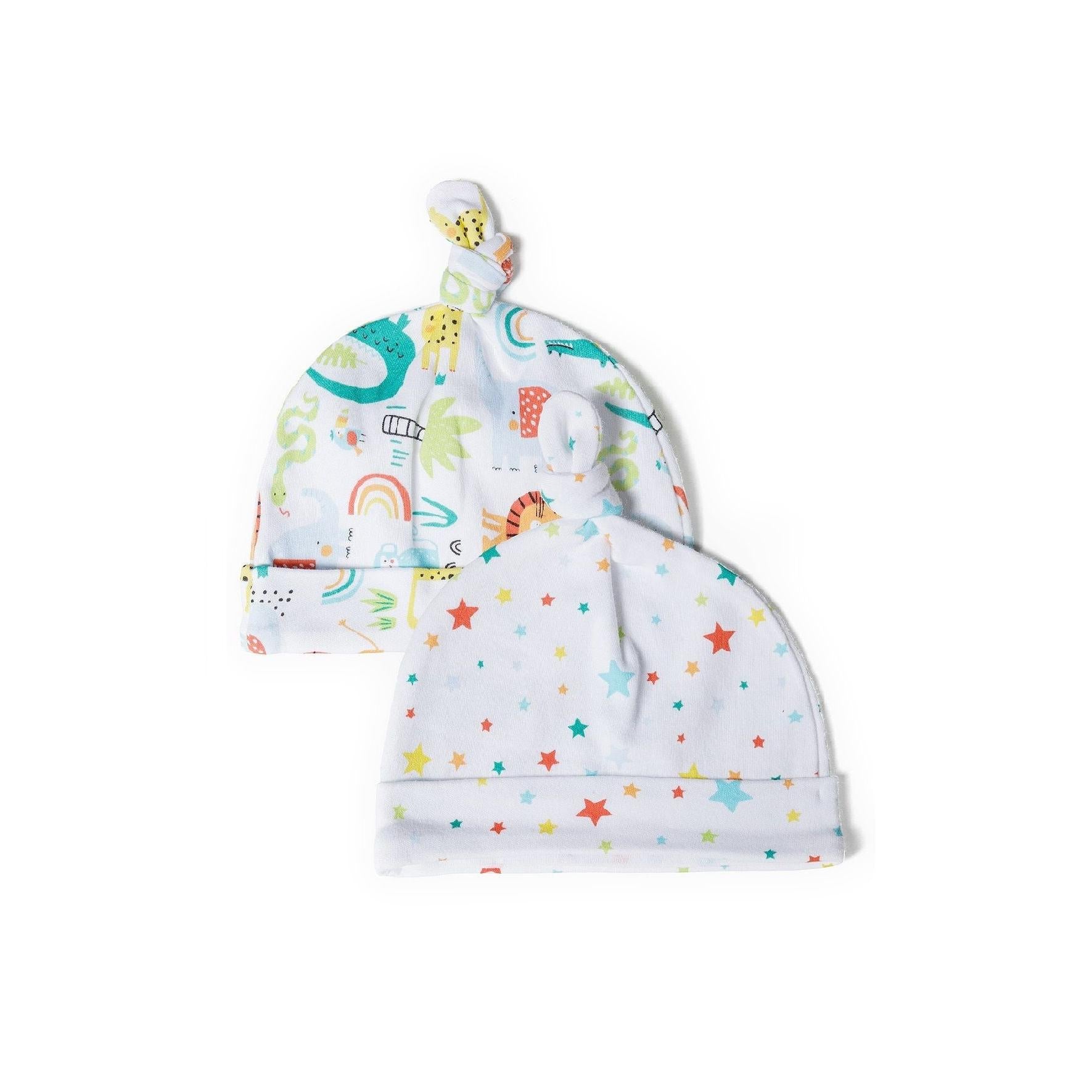 Two baby hats displayed together on white background showing animal print hat with lions dinosaurs and rainbows alongside star print hat with multicoloured stars