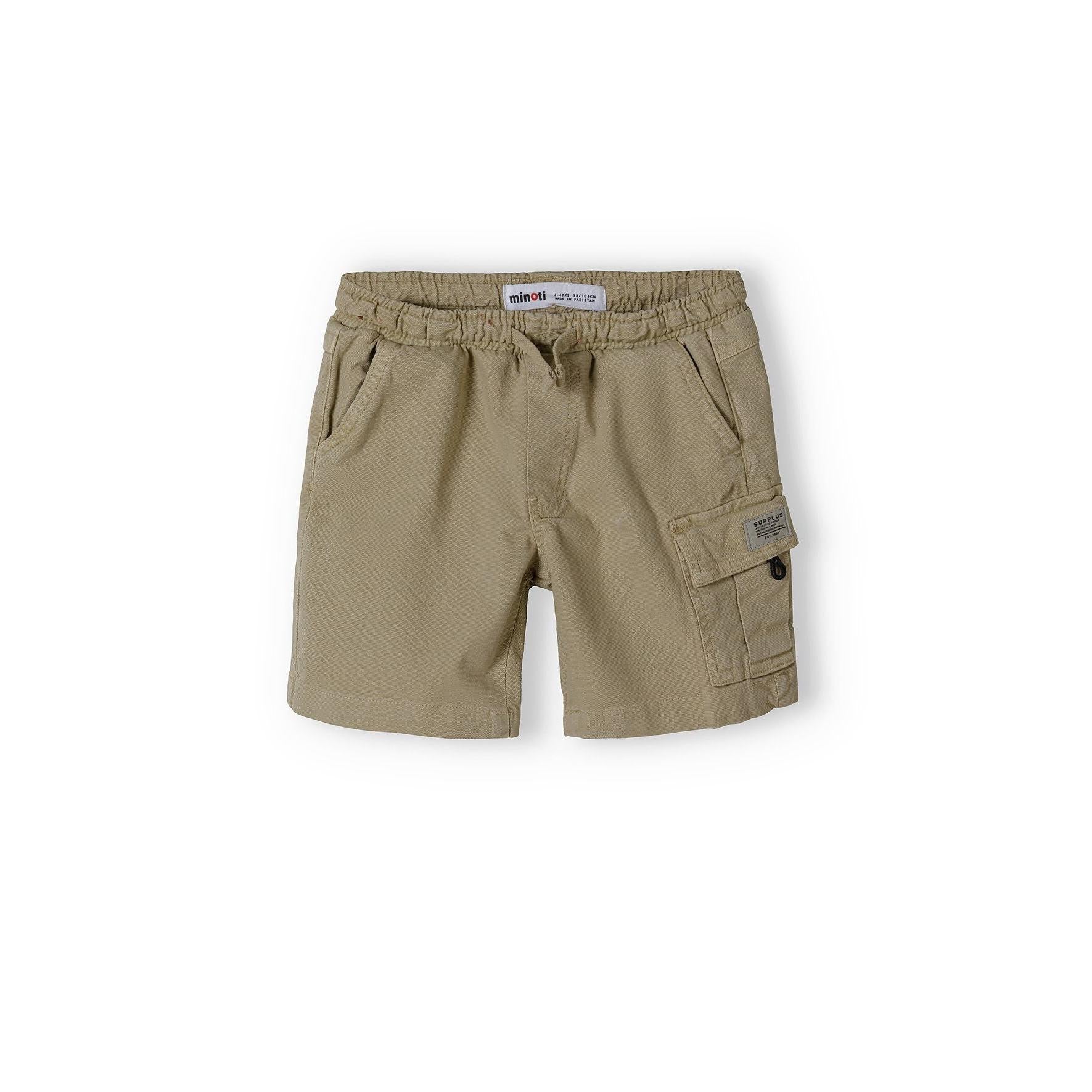 Front view of khaki combat shorts with elasticated waistband, cargo pocket with flap, and Minoti label visible on white background