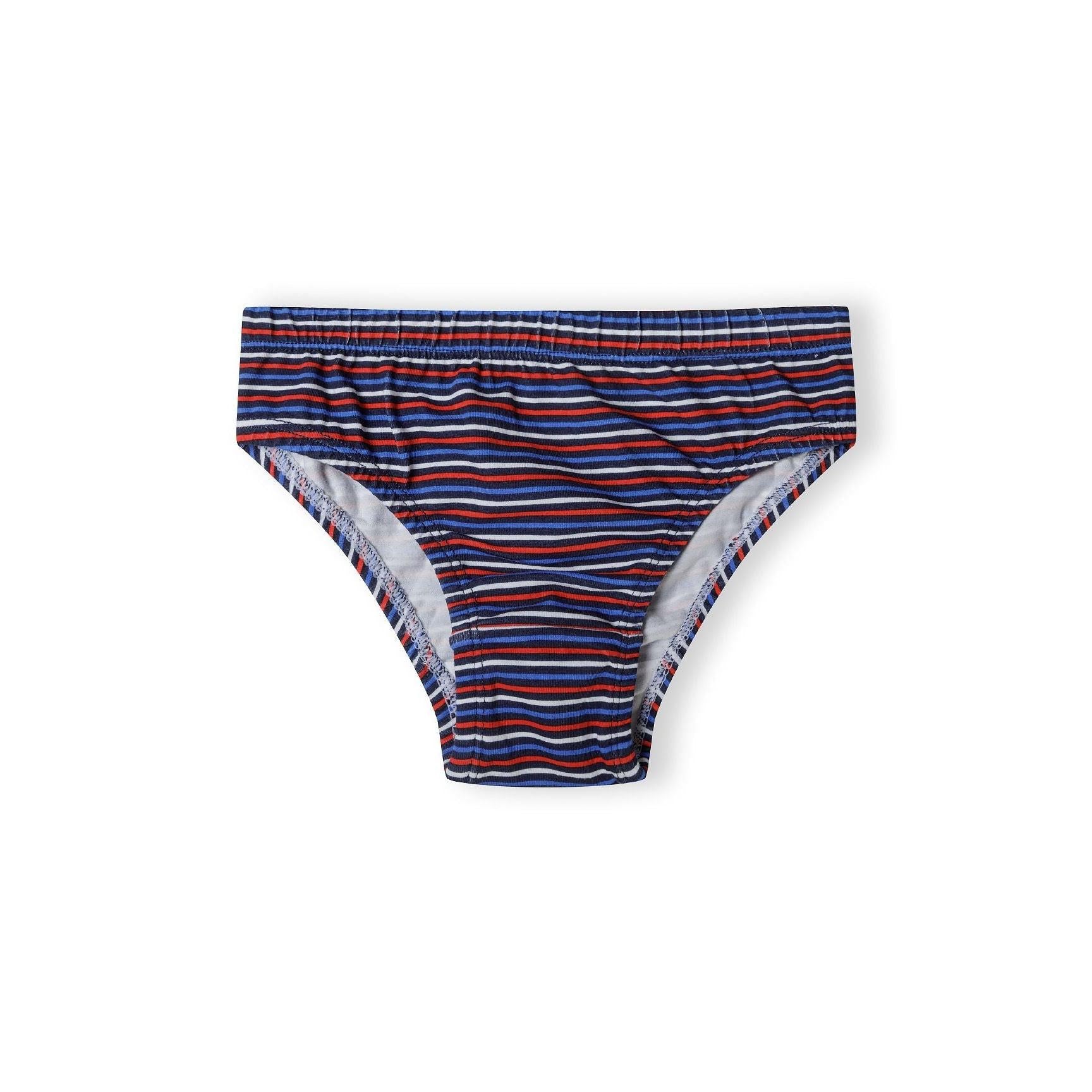 Single navy blue brief with white star print pattern shown laid flat on white background displaying the elastic waistband and comfortable fit design