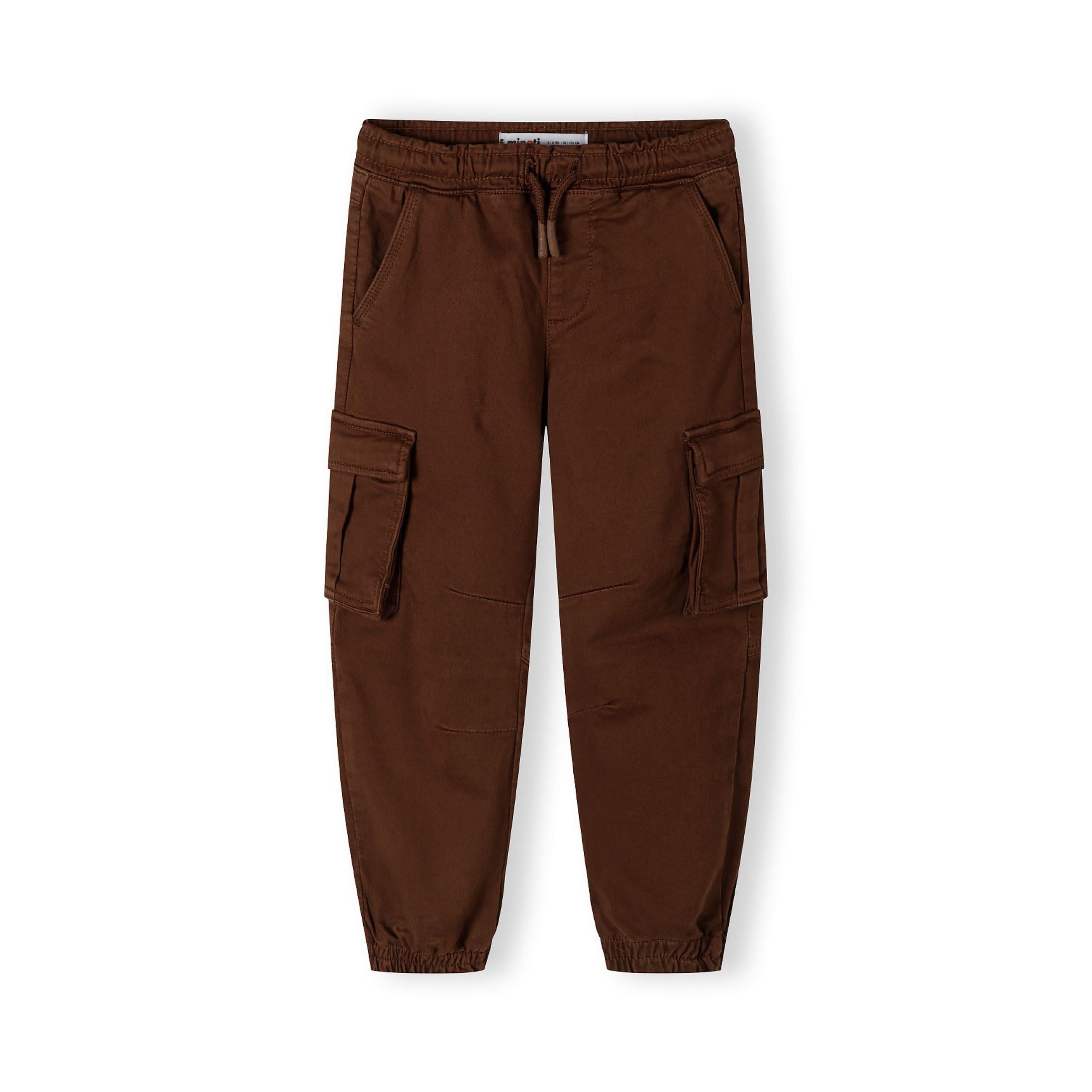 Back view of brown cargo trousers showing elasticated waistband, cargo pockets and brand label detail