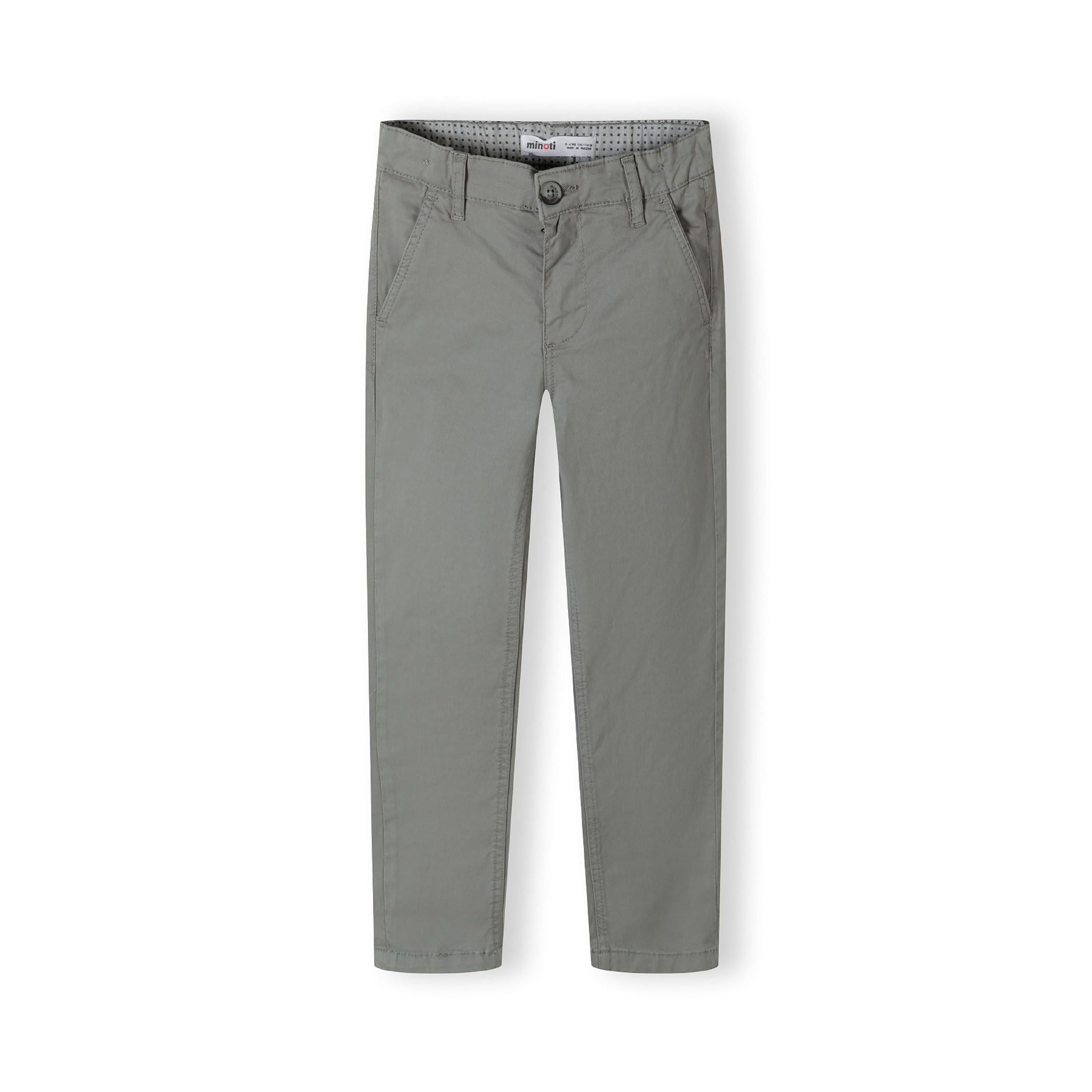 Grey chino trousers front view on white background showing tailored fit and button waistband closure