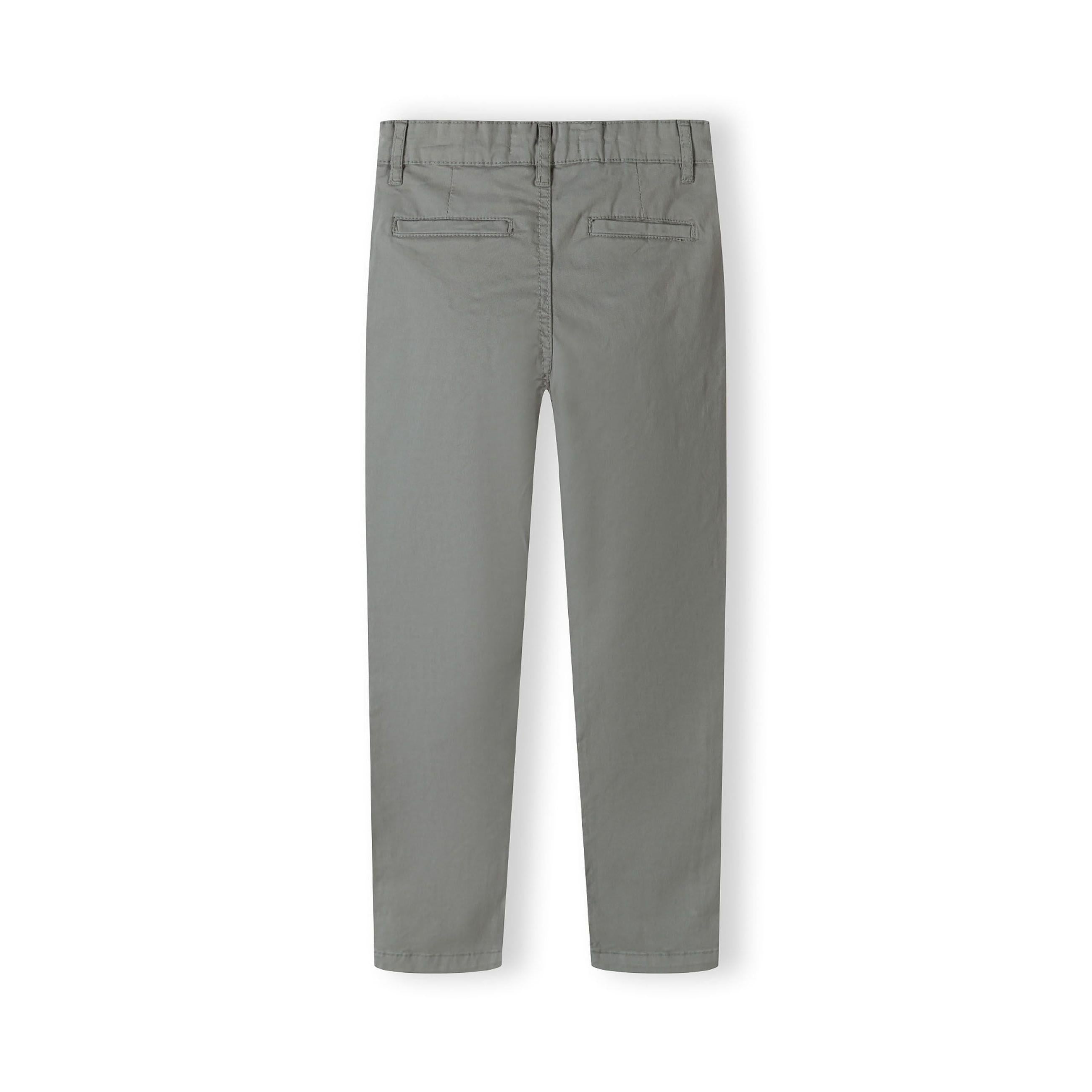 Grey chino trousers back view displaying rear pockets and clean tailored silhouette on white background