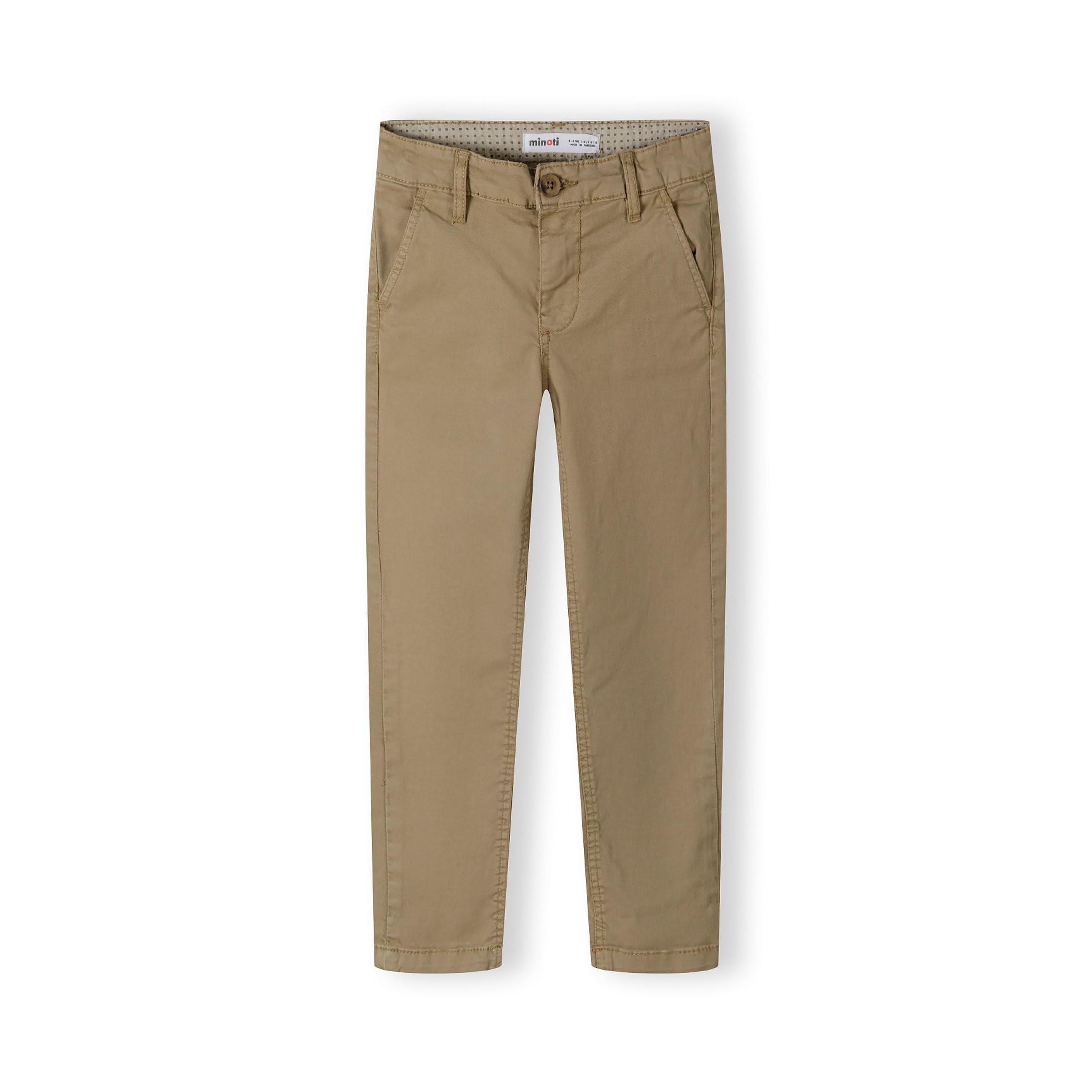 Back view of beige chino trousers laid flat showing tailored fit, back pockets and clean finishing details