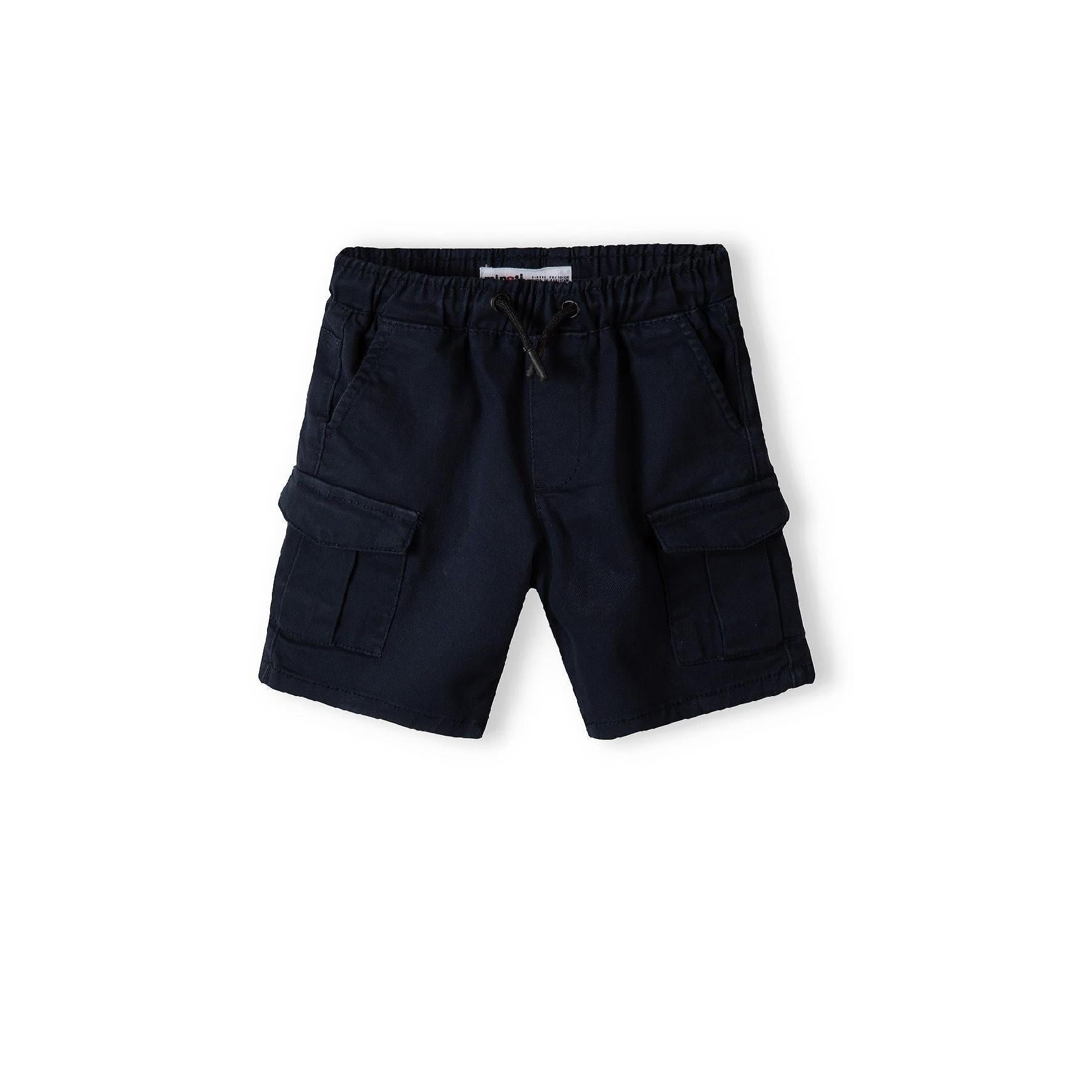 Navy combat shorts with elasticated waistband and cargo pockets, front view on white background