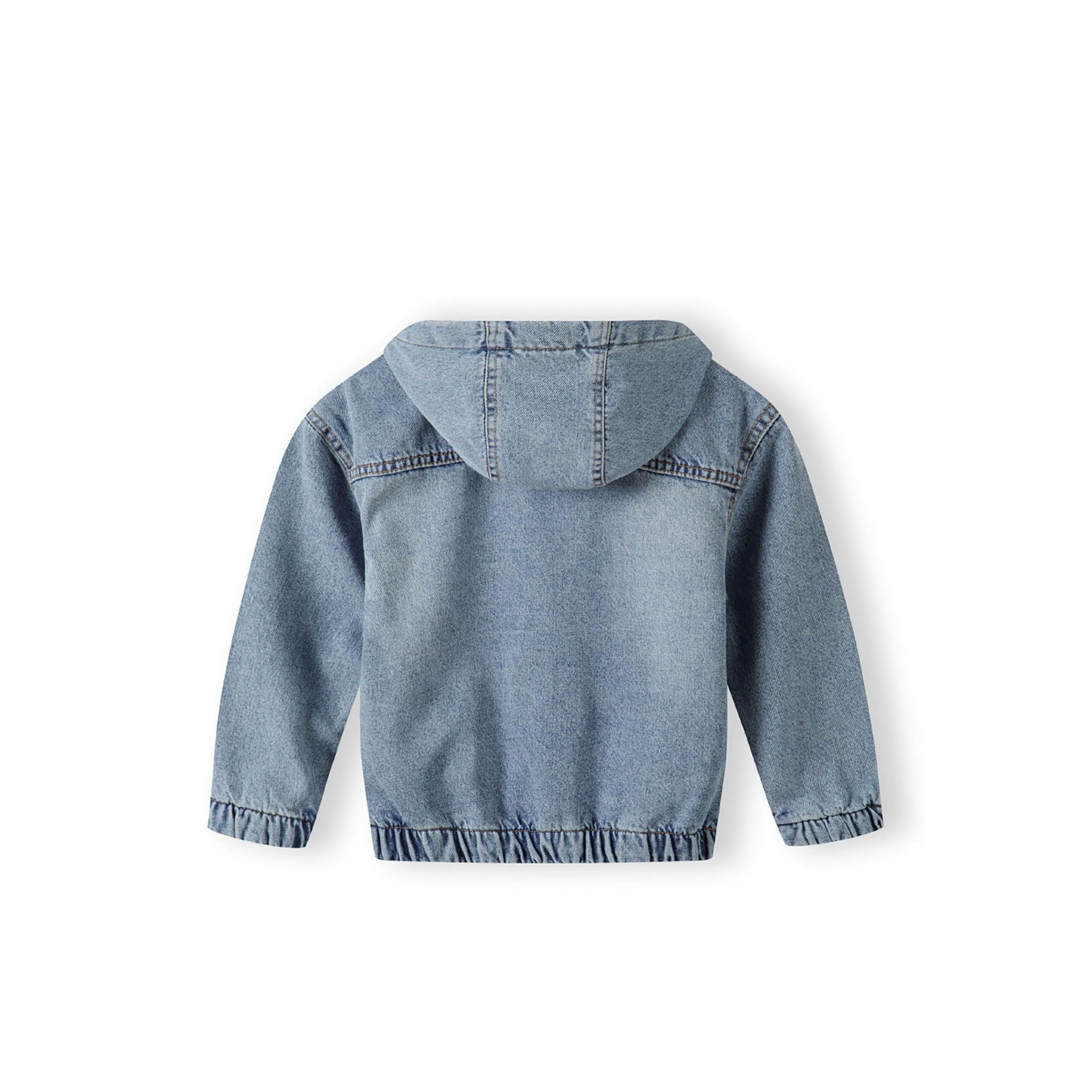 Back view of navy denim jacket displaying hood construction and overall silhouette on white background