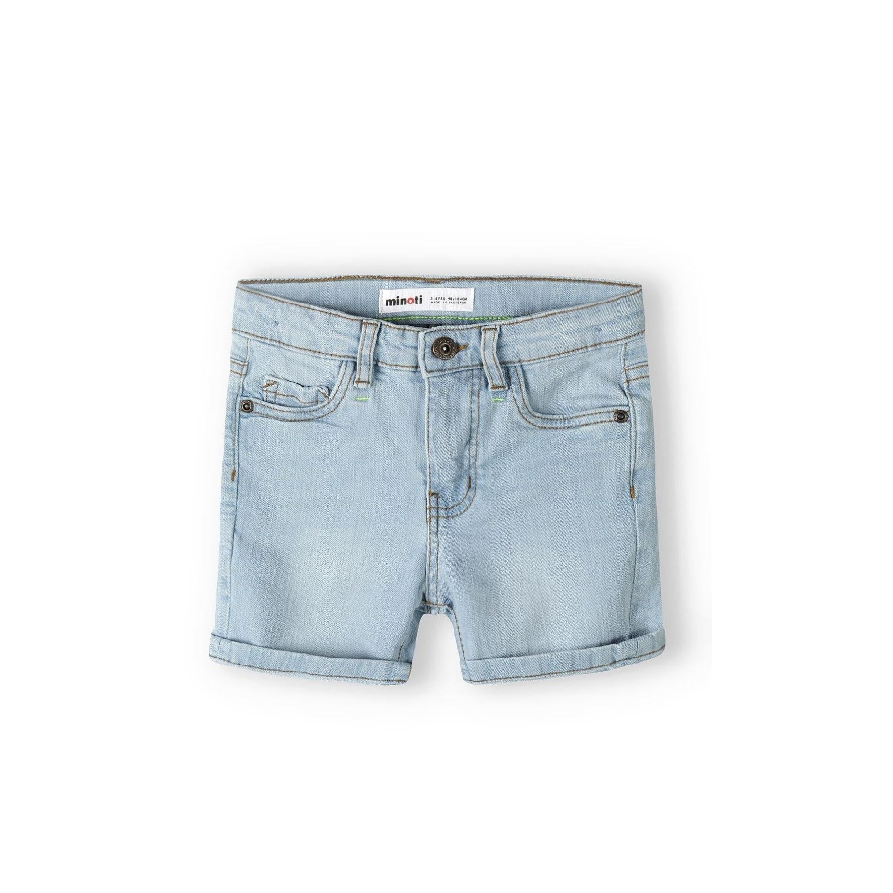 Light blue denim shorts front view showing classic five-pocket design with rolled cuffs on white background