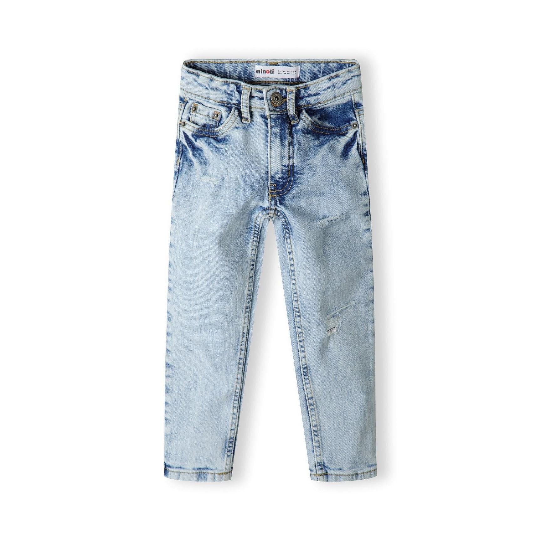 Front view of light blue ripped jeans with straight cut, showing waistband with metal button closure and distressed details on white background