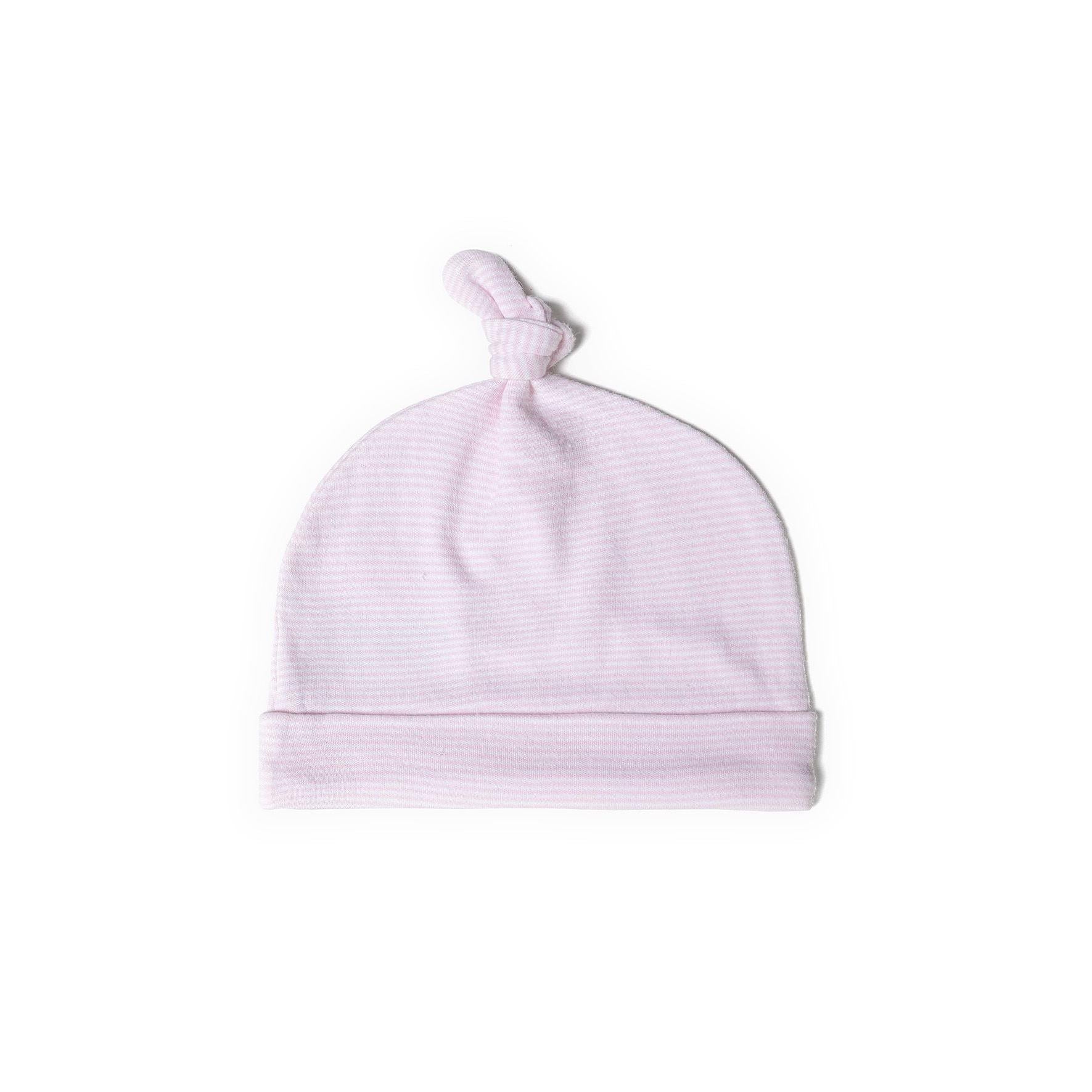 Single lavender striped baby hat with knotted top on white background, showing soft cotton texture and ribbed detail