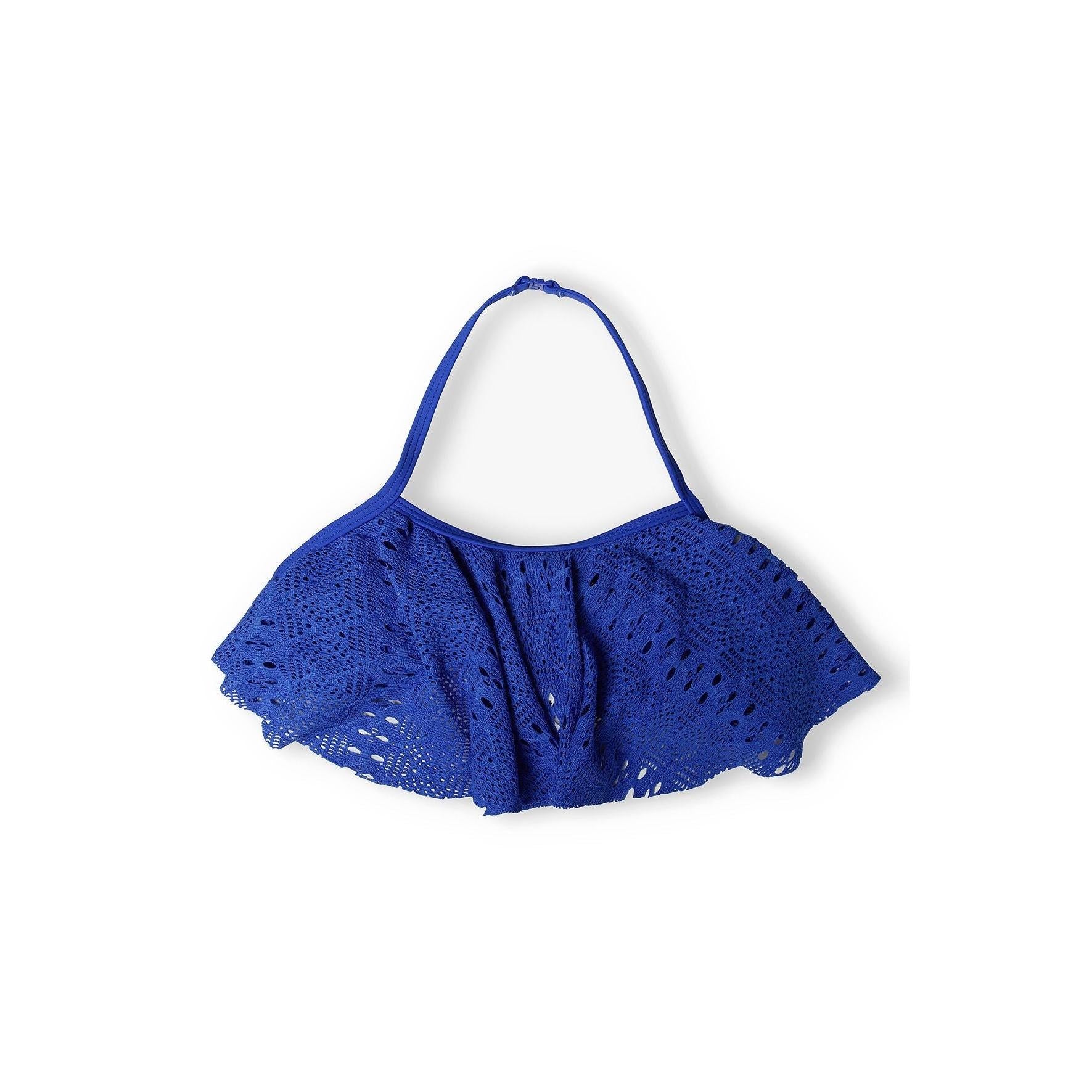Back view of cobalt crochet bikini top showing halterneck tie closure and textured fabric detail against white background