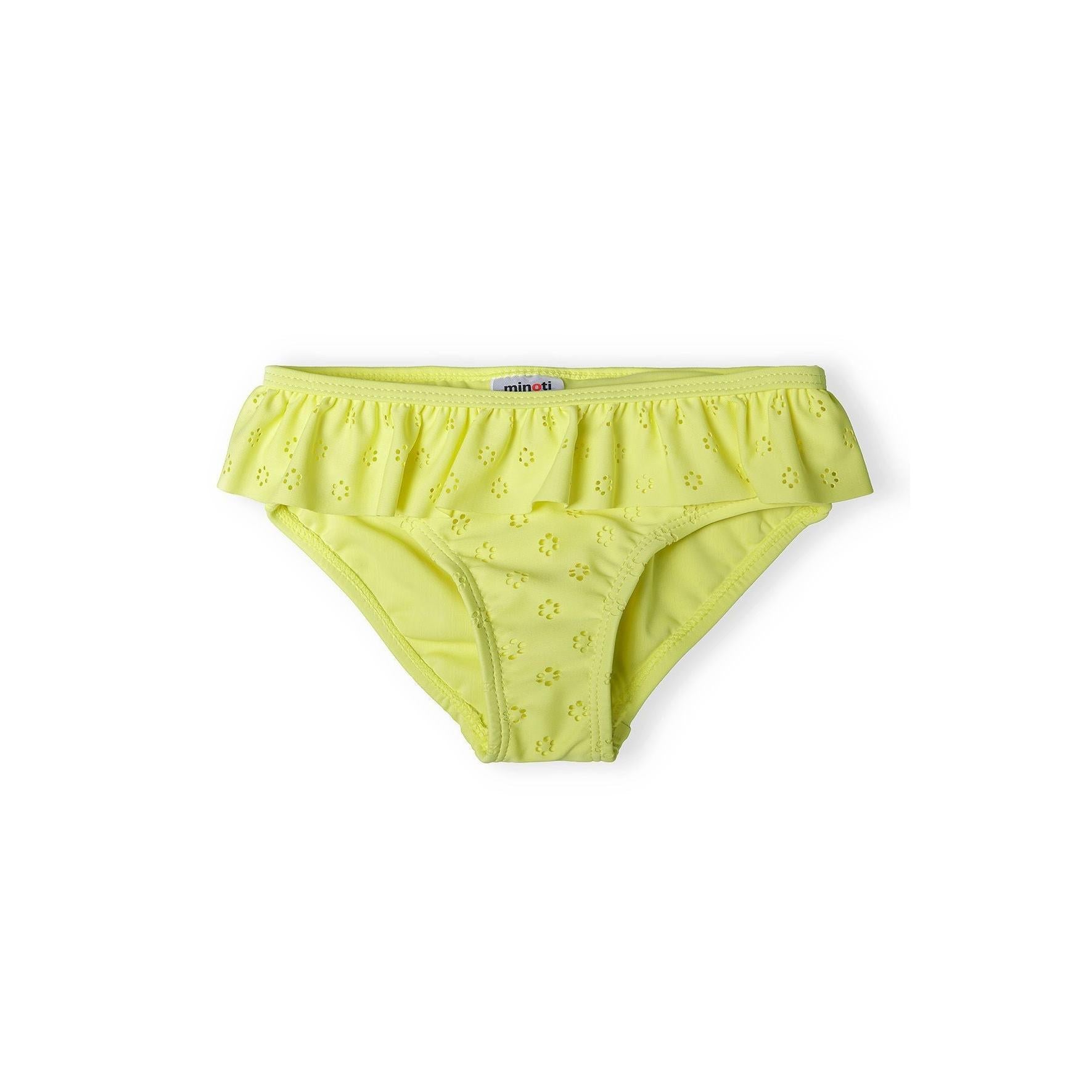 Yellow broderie anglaise bikini bottoms with ruffle waistband detail shown flat on white background displaying the delicate perforated pattern