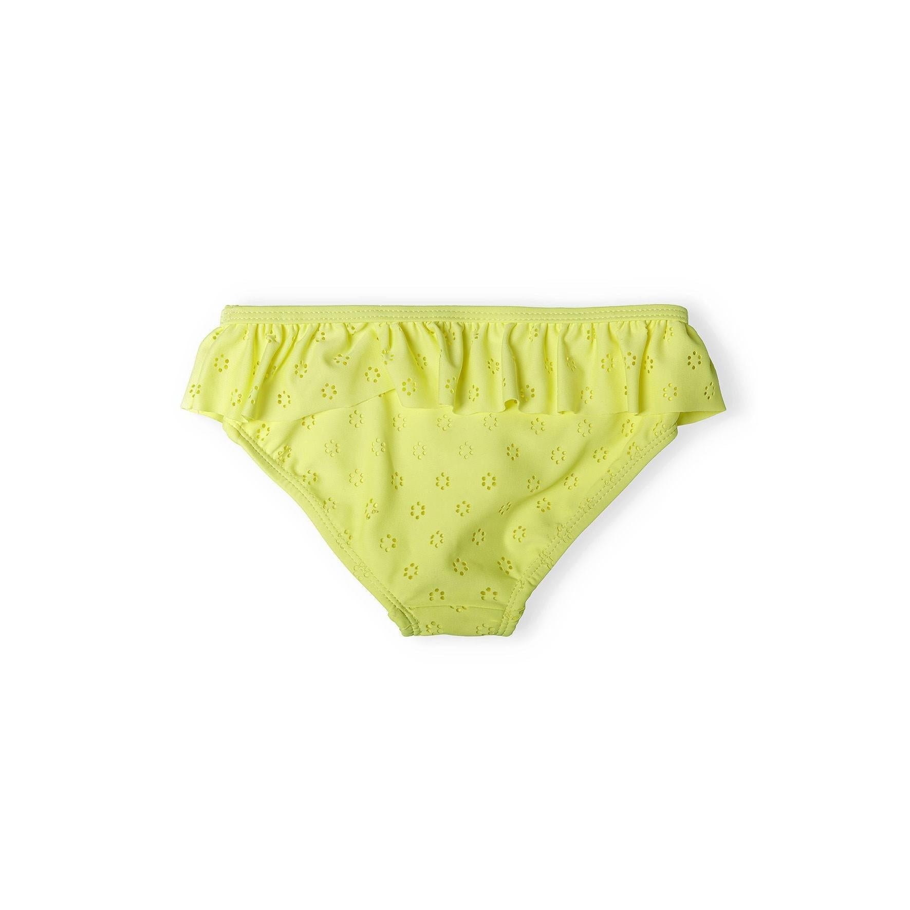 Yellow broderie anglaise bikini bottoms with ruffle waistband detail shown flat on white background displaying the delicate perforated pattern