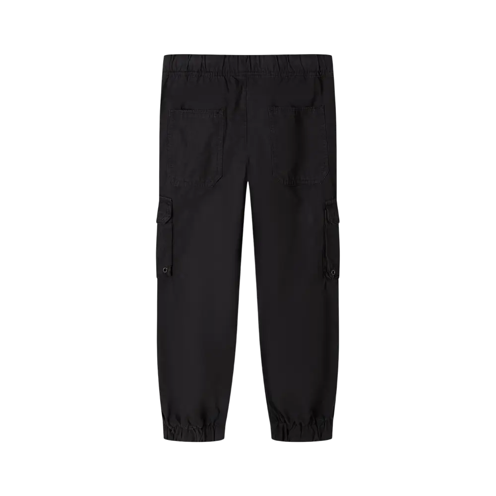 Black cargo trousers laid flat showing full length view with elasticated waistband, side cargo pockets with flap closures, and elasticated cuffs against black background