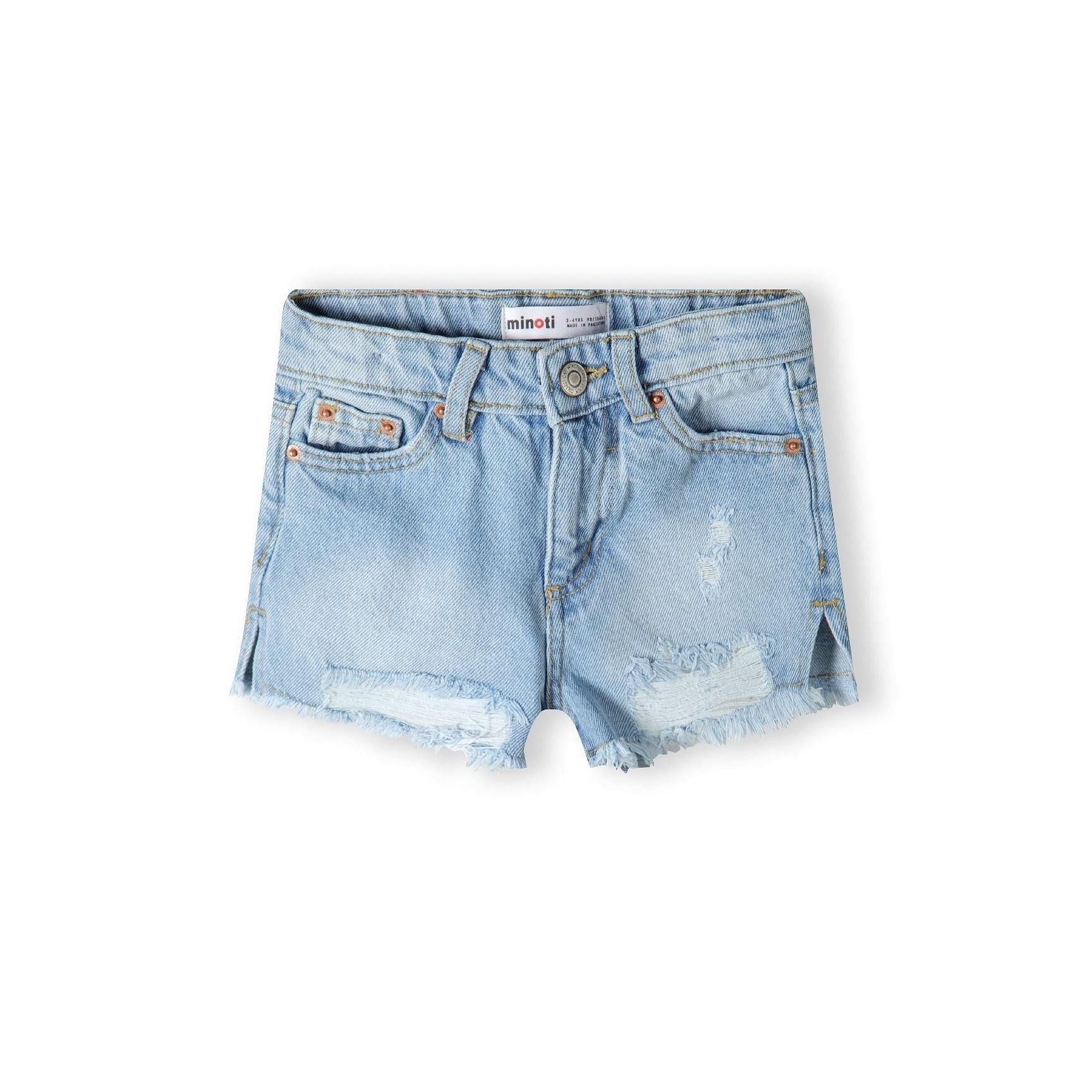 Light blue denim shorts with frayed hems and distressed details, front view showing button fastening and five-pocket styling on white background