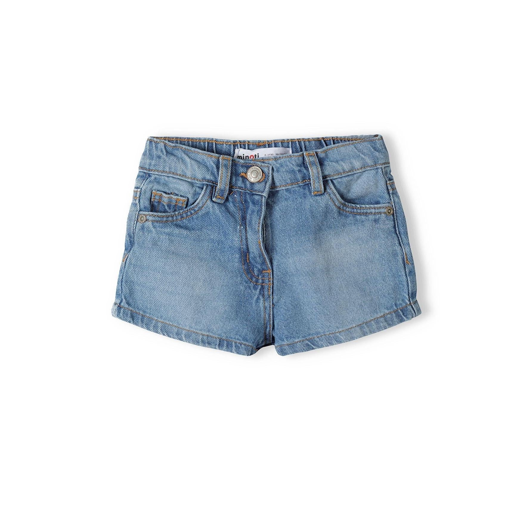 Navy acid wash denim shorts laid flat on white background showing front view with button closure and classic 5-pocket styling