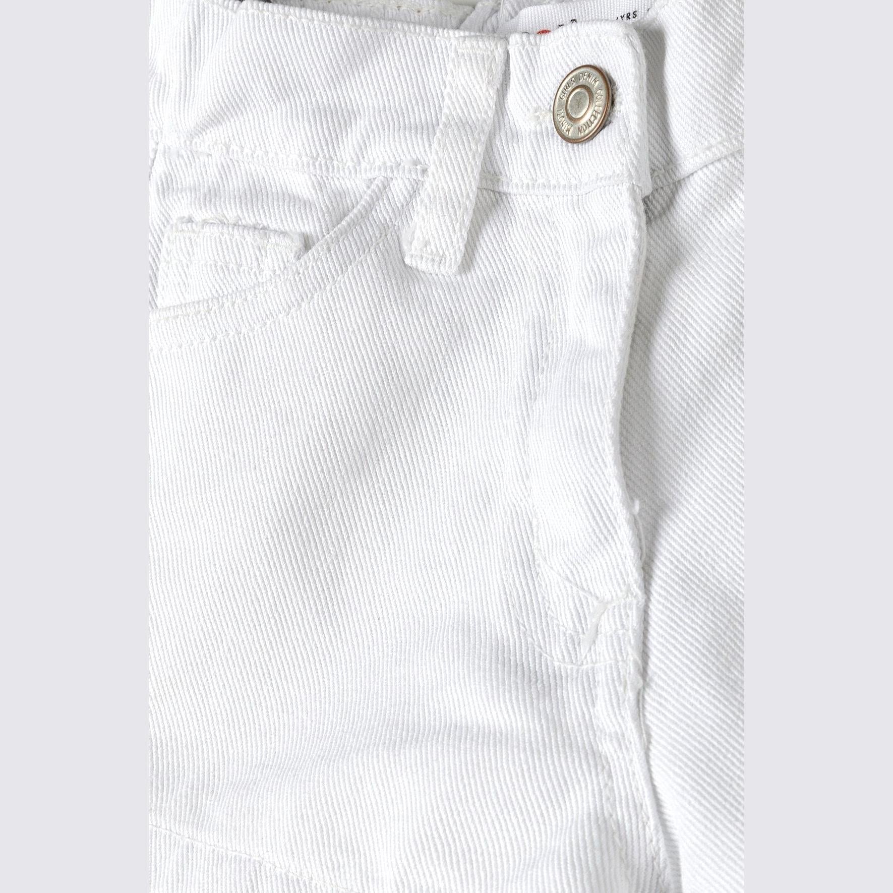 Close-up detail shot of white denim shorts showing fabric texture, button fastening and pocket construction on white background