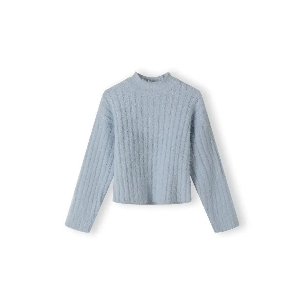 Blue fluffy knit jumper laid flat showing high neck design, long sleeves and soft textured fabric against white background