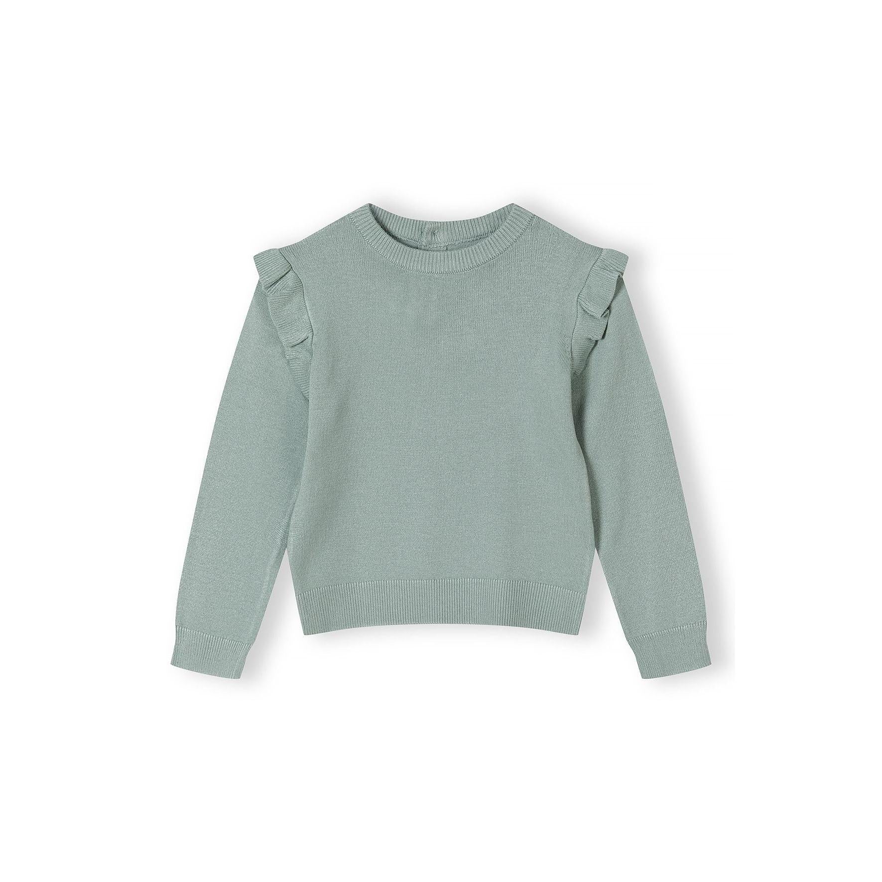 Back view of mint green knitted jumper laid flat showing shoulder frill details, button closure at neck and ribbed hem construction