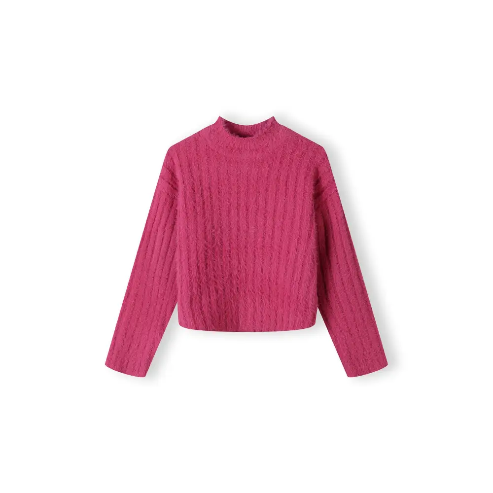 Pink fluffy knit jumper laid flat showing high neck design and ribbed texture on white background