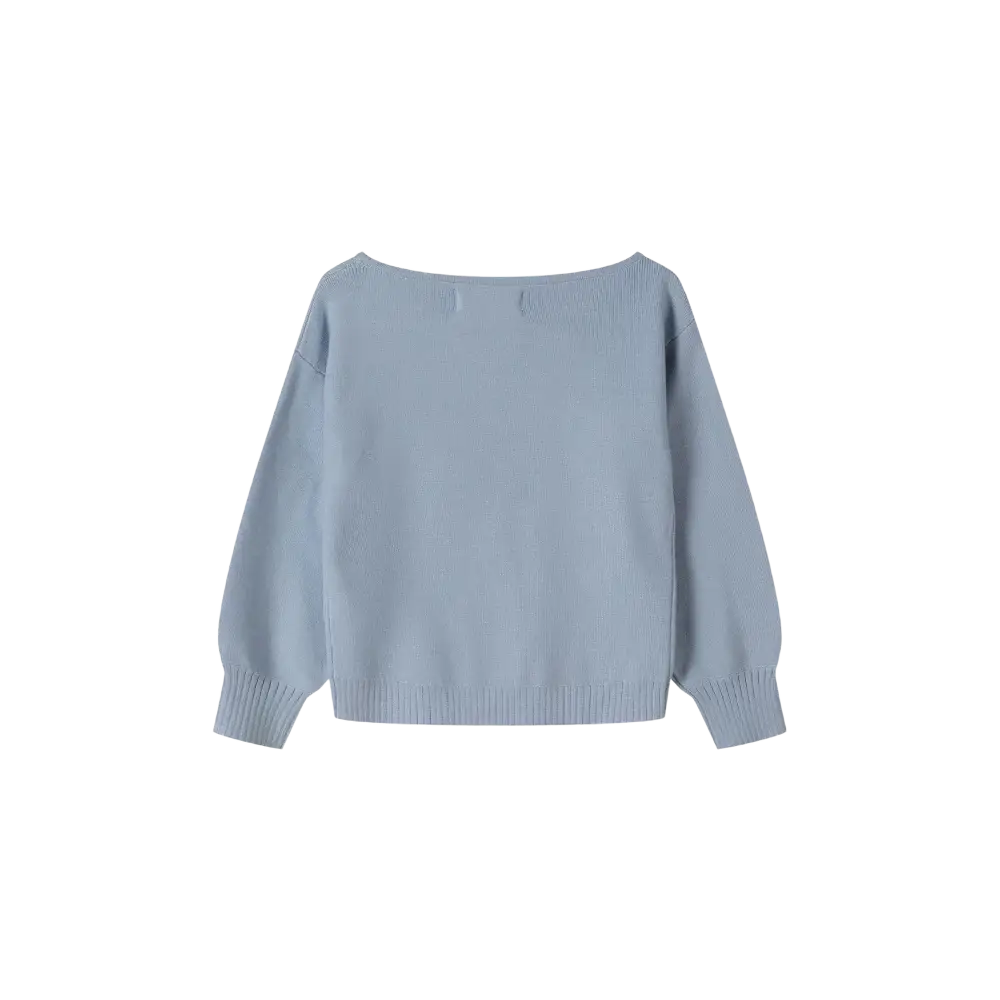 Light blue textured knit jumper laid flat showing boat neckline and relaxed fit against black background